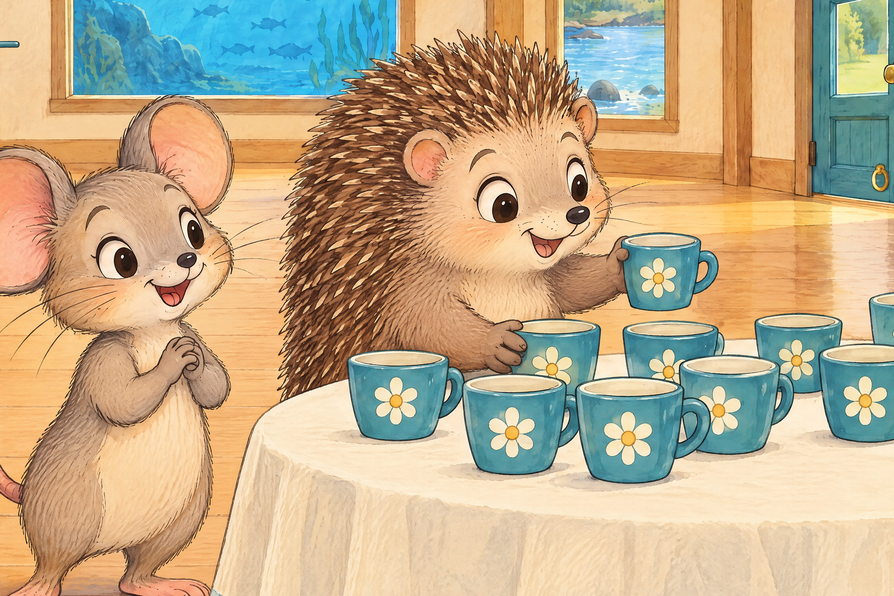 Hh — Hedgehog: Hedgehog steps away from the balloons.
