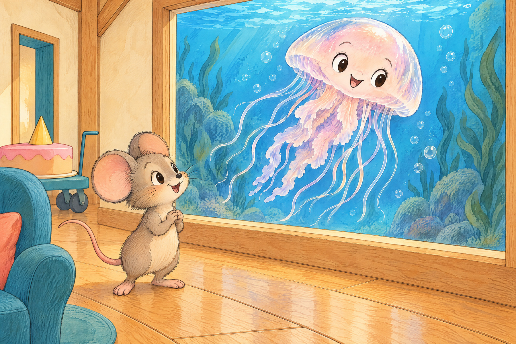 Jj — Jellyfish: Jellyfish jiggles beyond the sea window.