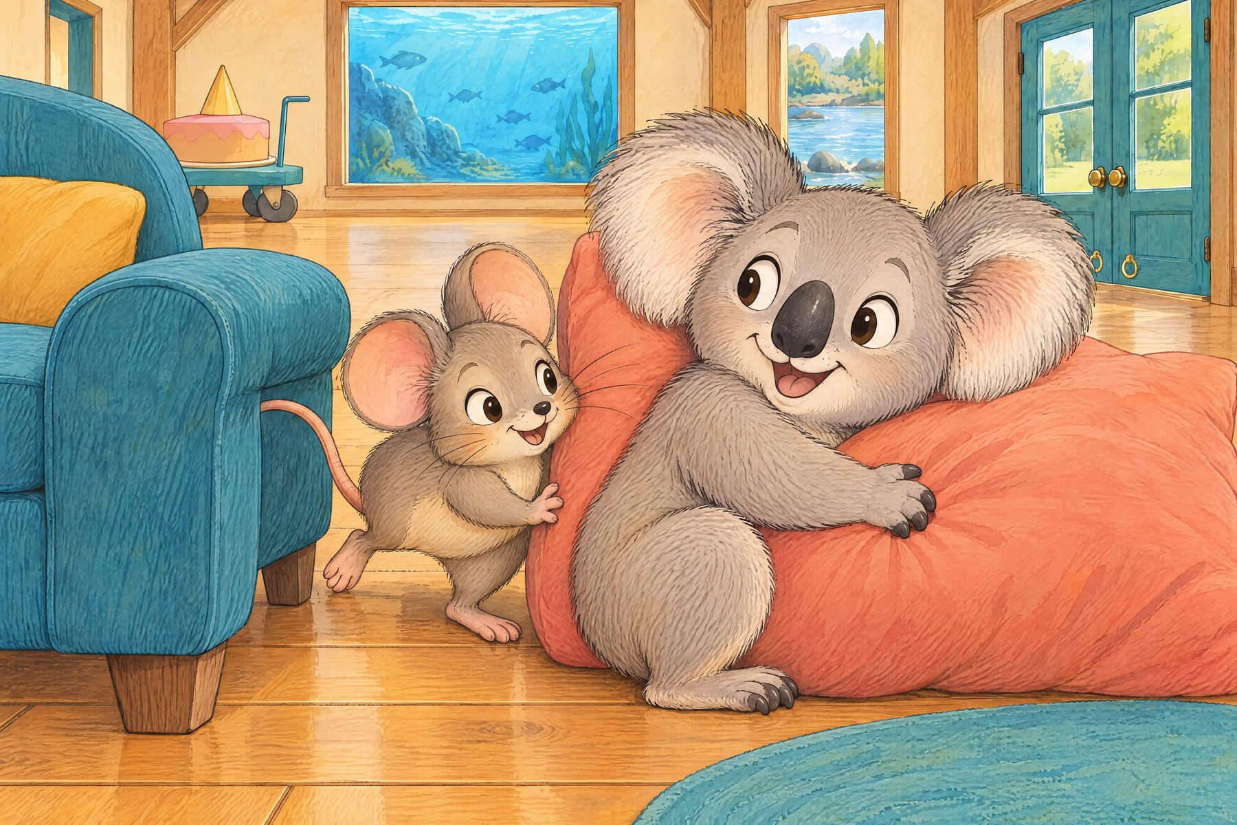Kk — Koala: Koala hugs the party cushion.