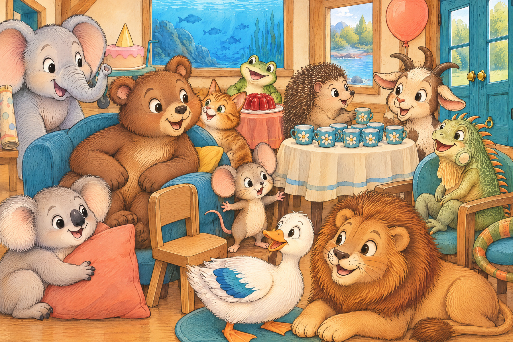 Nellie is squeezed between her guests, chairs, cushion and cups table.