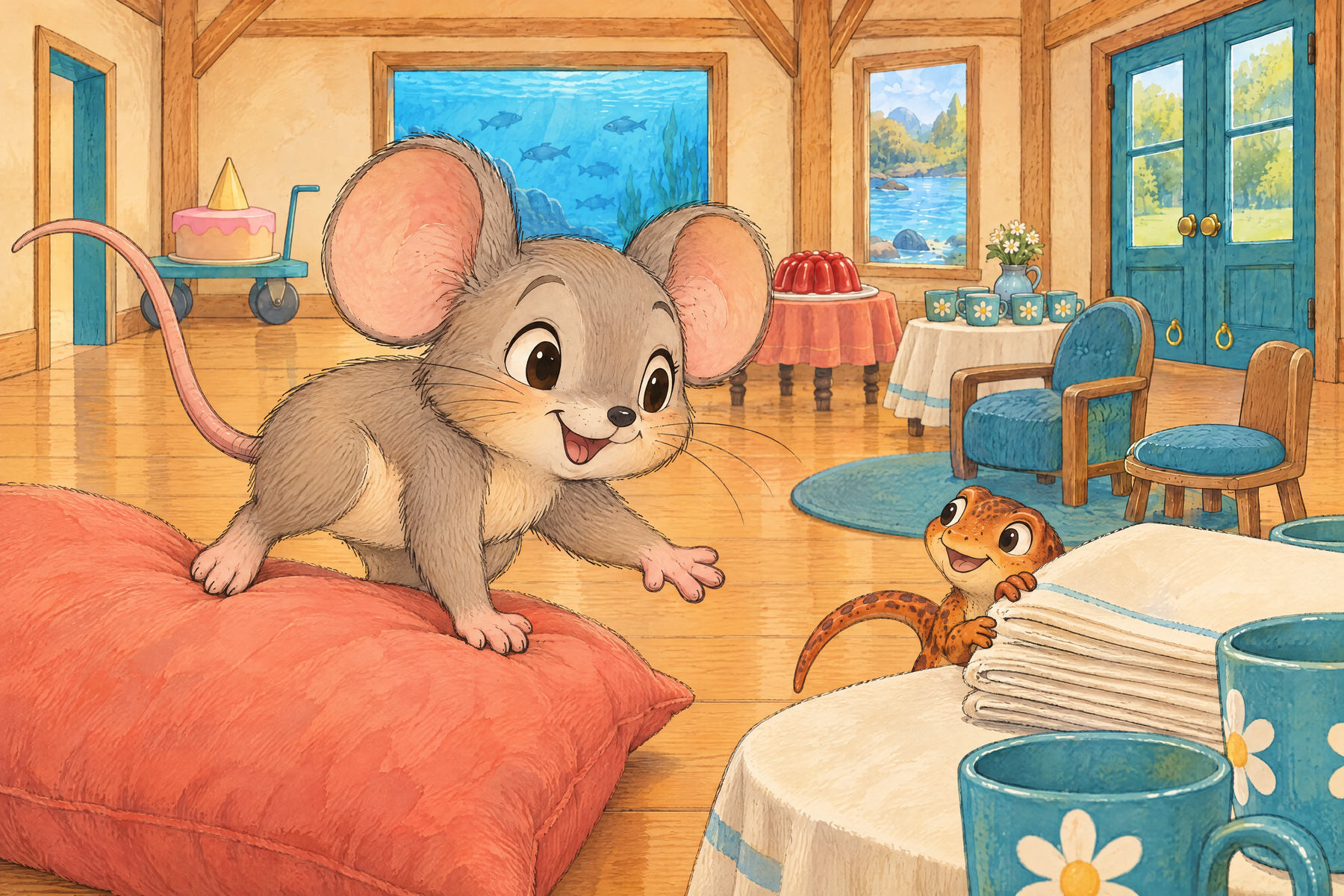 Nn — Newt: Newt peeps out from behind the napkins.