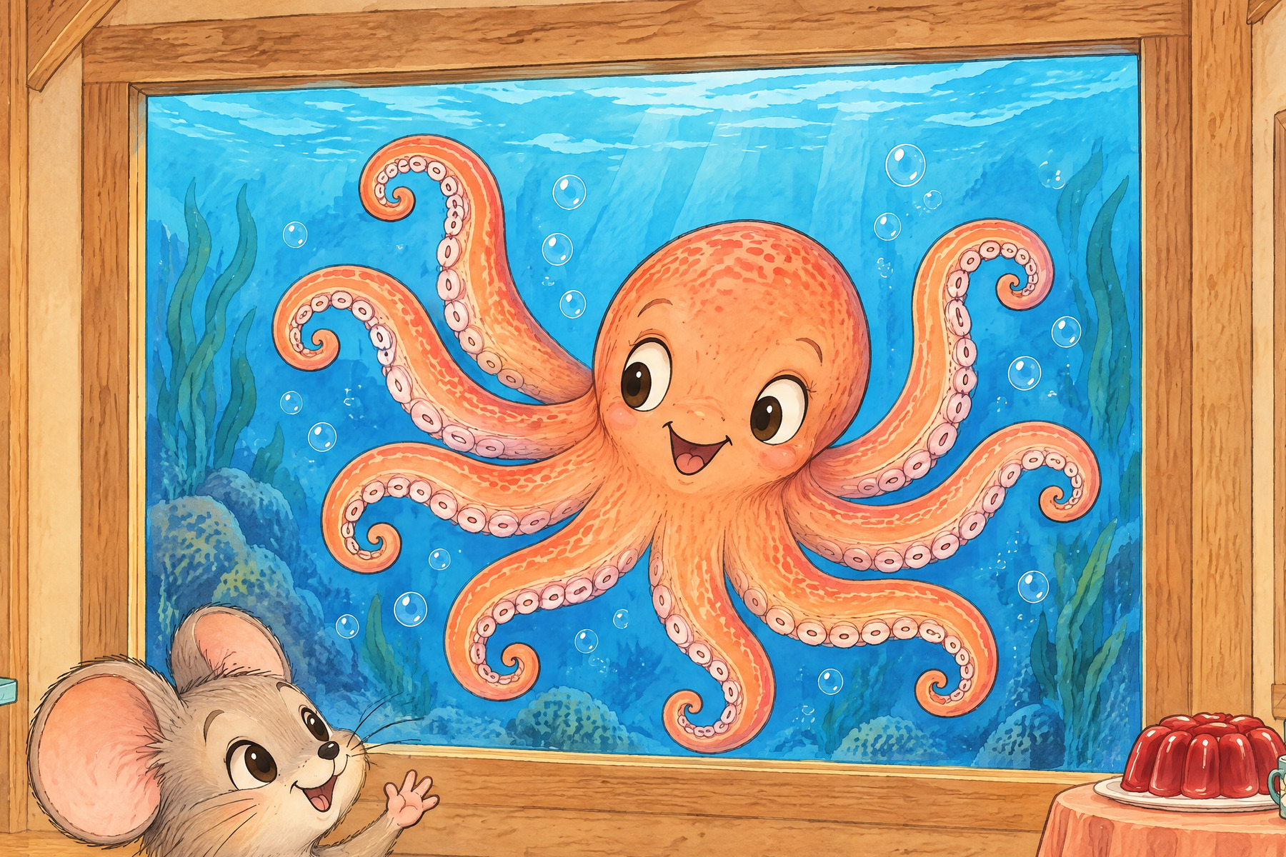 Oo — Octopus: Octopus waves through the sea window.