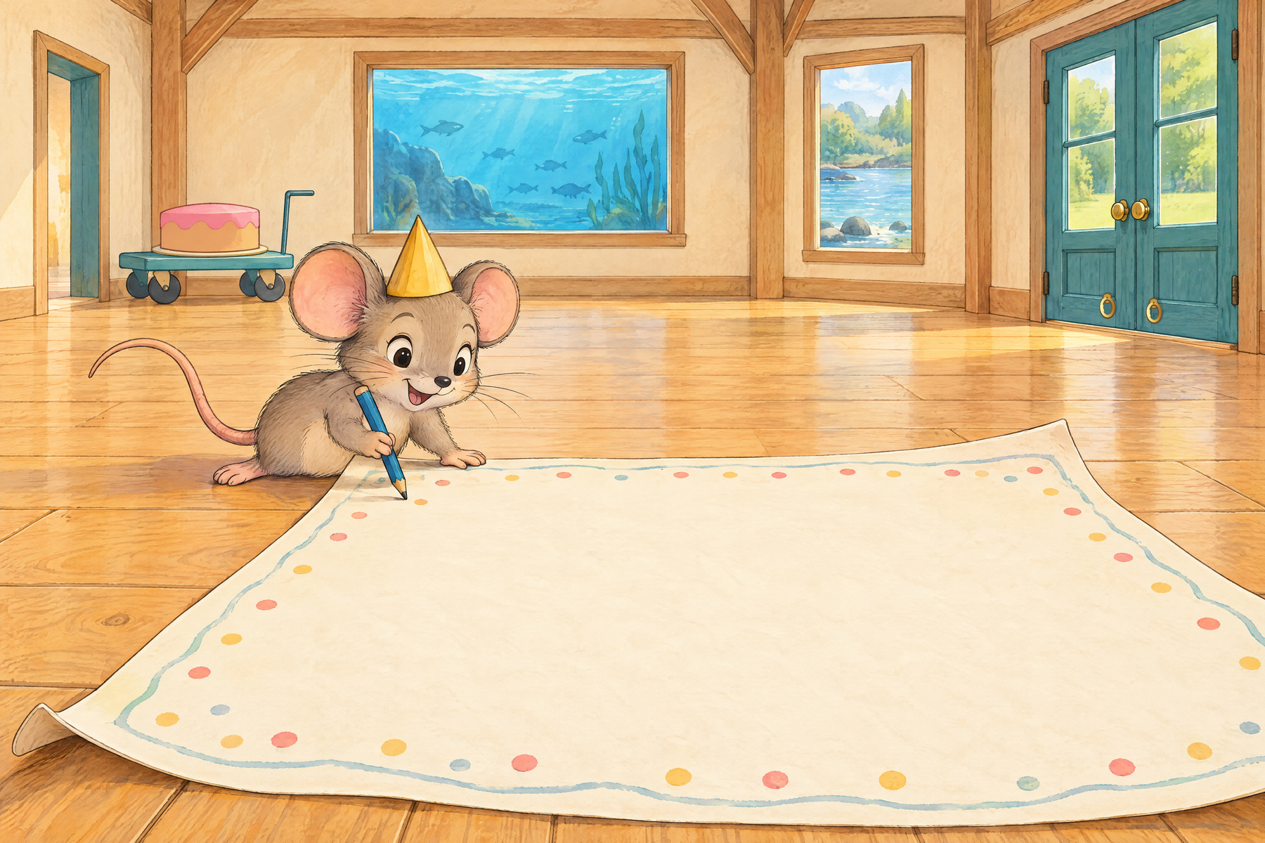 Nellie Mouse in a large party room with her yellow hat and enormous invitation.