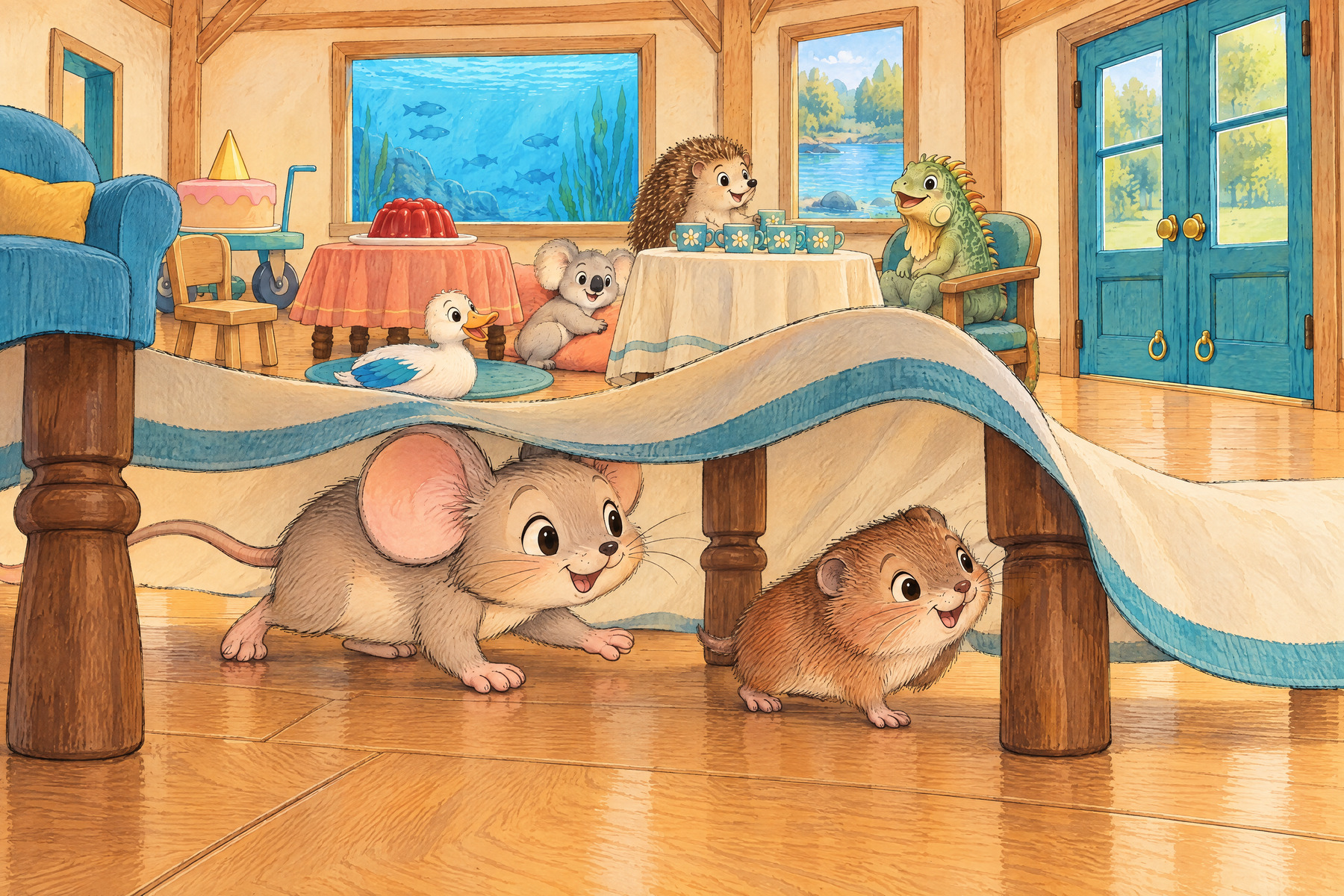 Vv — Vole: Vole makes a tunnel under the tablecloth.