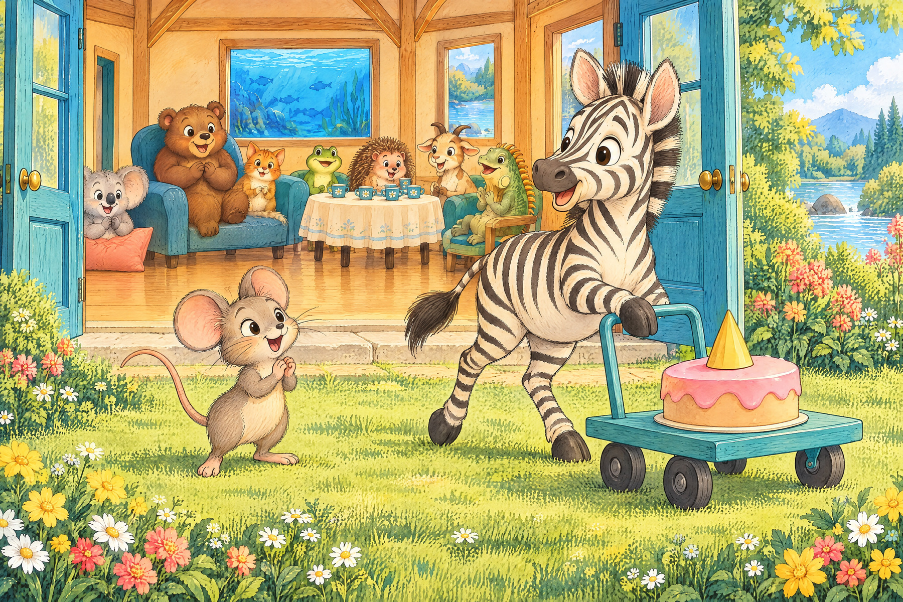Zz — Zebra: Zebra wheels out the cake.