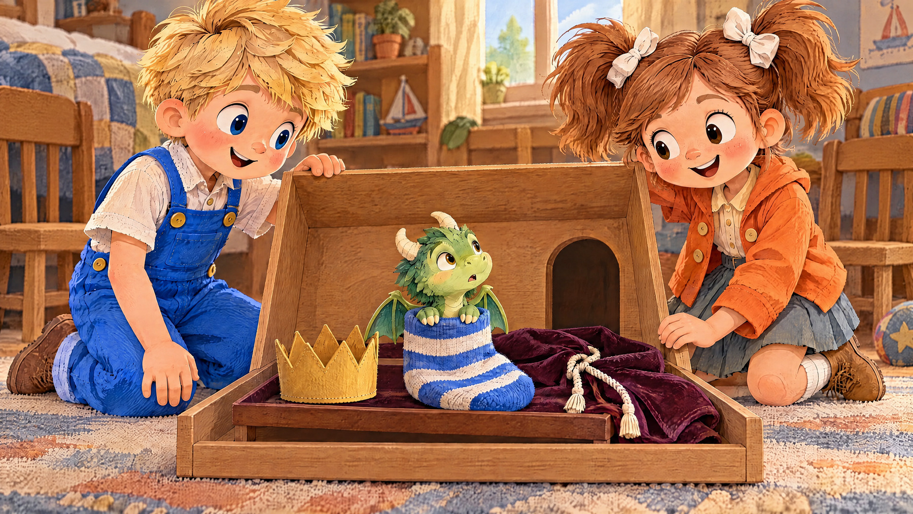 John and Julia open a dressing-up box as Tumble peeks from a striped sock.