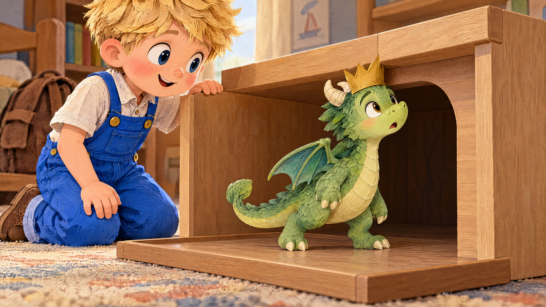 A crown point touches the toy doorway's lintel as Tumble tries to march through.