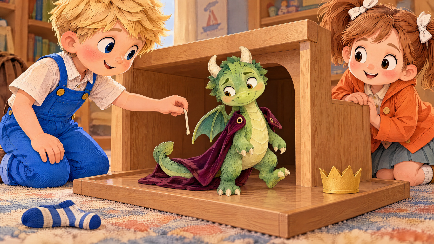 John holds a released cloak cord while Tumble's tail pins its trailing velvet hem.