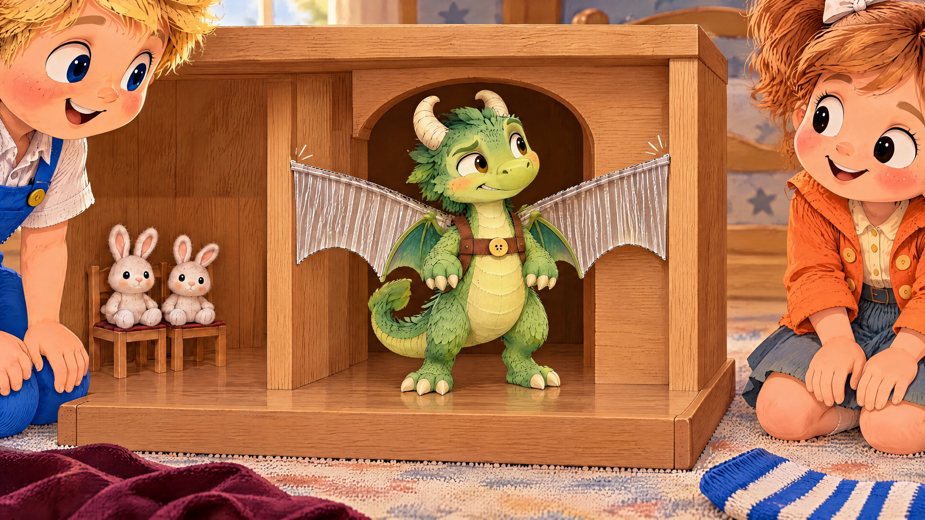 Silver cardboard wing tips meet both doorway posts while Tumble's smaller green wings remain visible.