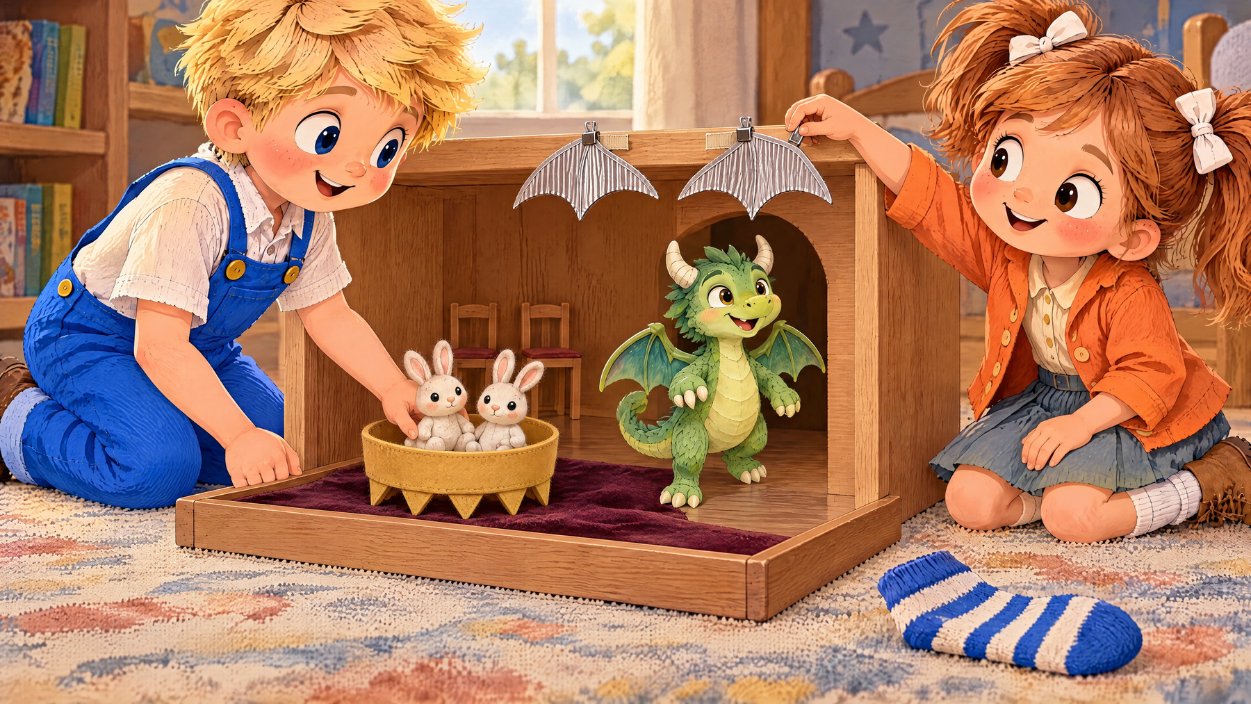John places the rabbits in the crown boat, Julia hangs the silver wings and bare Tumble clears the doorway.