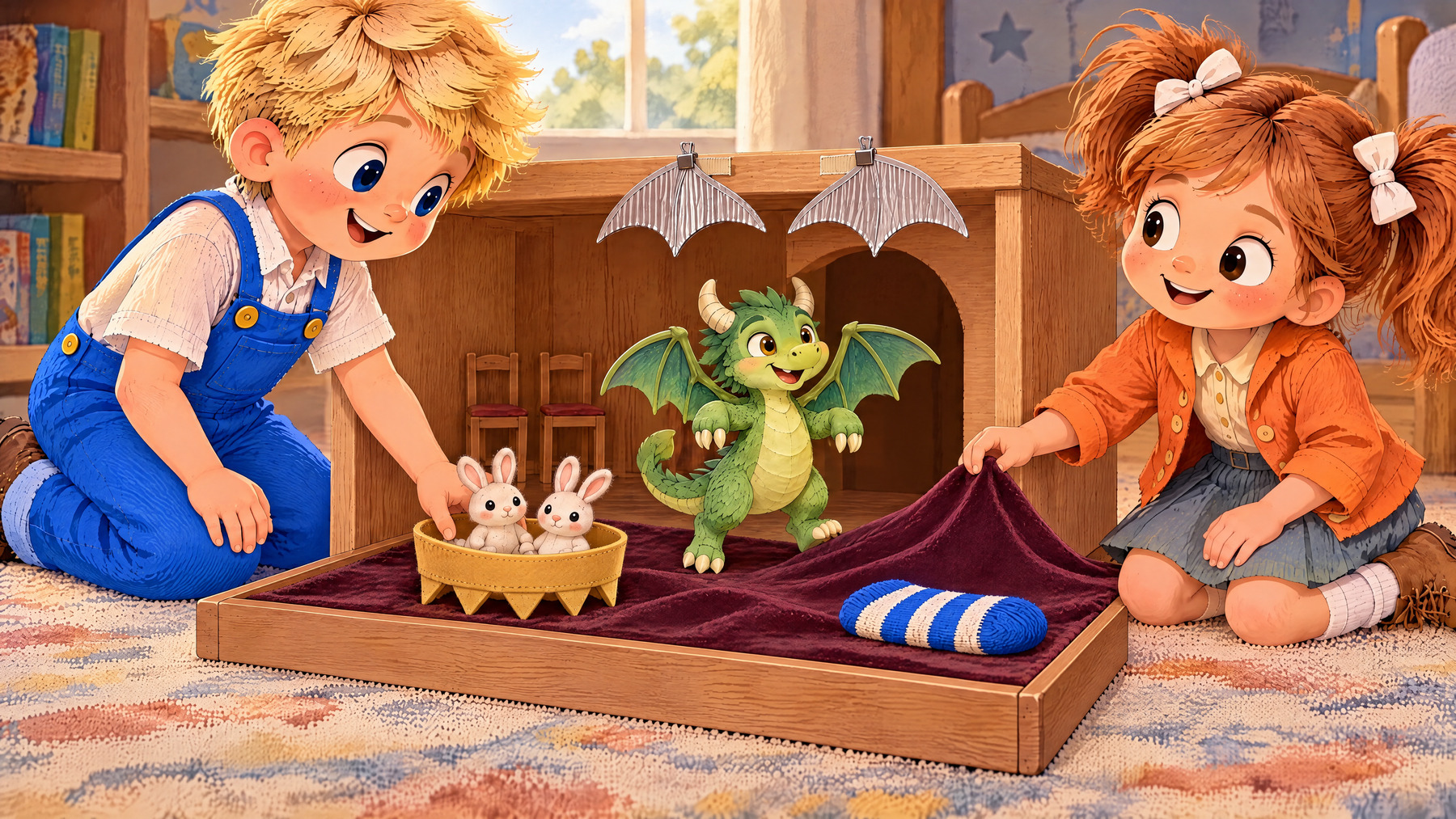 John slides the rabbit boat while Julia lifts a velvet wave and Tumble spreads his green wings.
