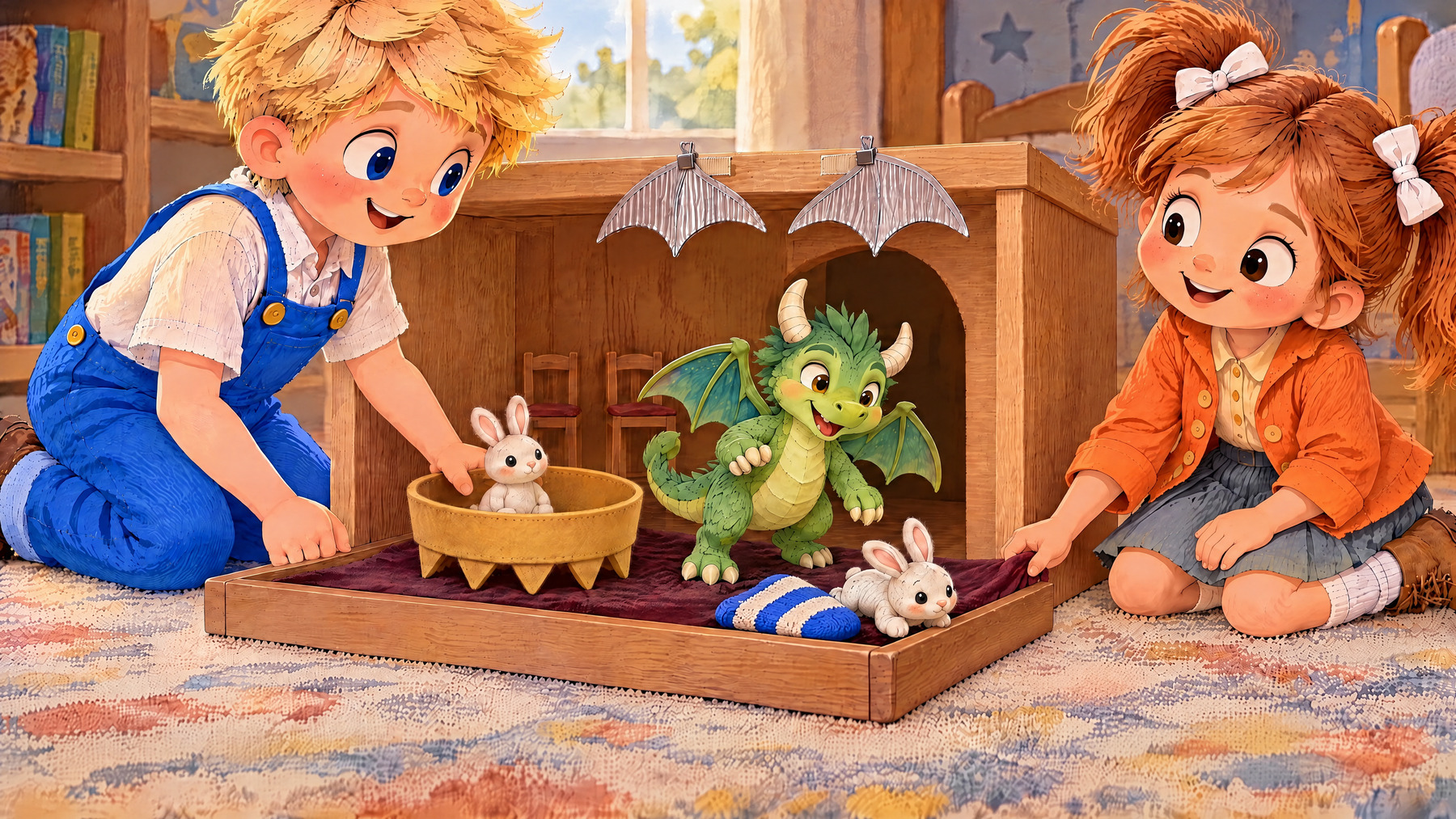 One toy rabbit lies on the velvet beside the stopped crown boat; the other stays aboard.