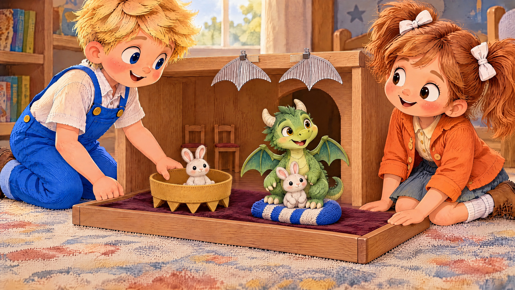Tumble stands on the sock island with the rescued rabbit between his feet.