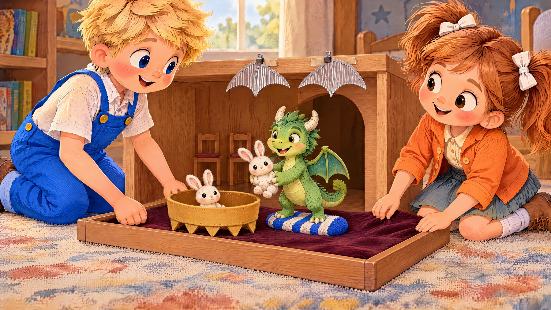 Tumble lifts the rescued rabbit back towards its companion in the crown boat.