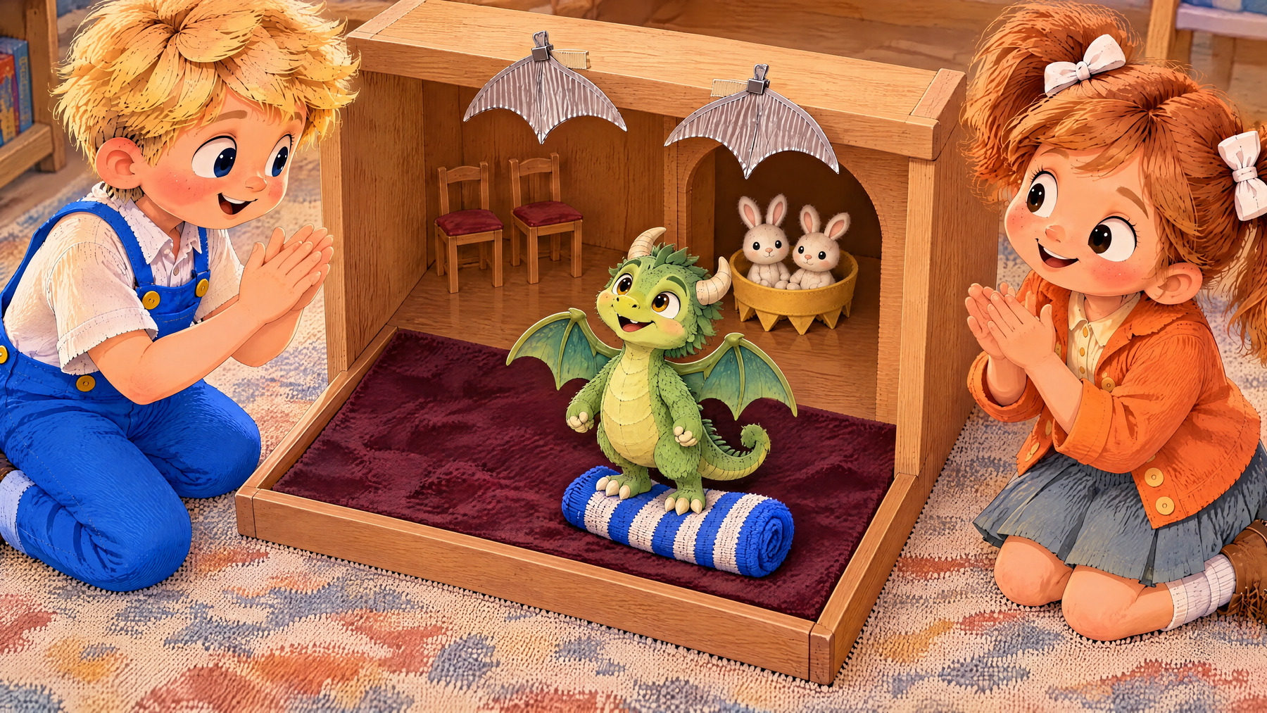 John and Julia clap as Tumble spreads his own wings; both rabbits sit in their boat inside the doorway.