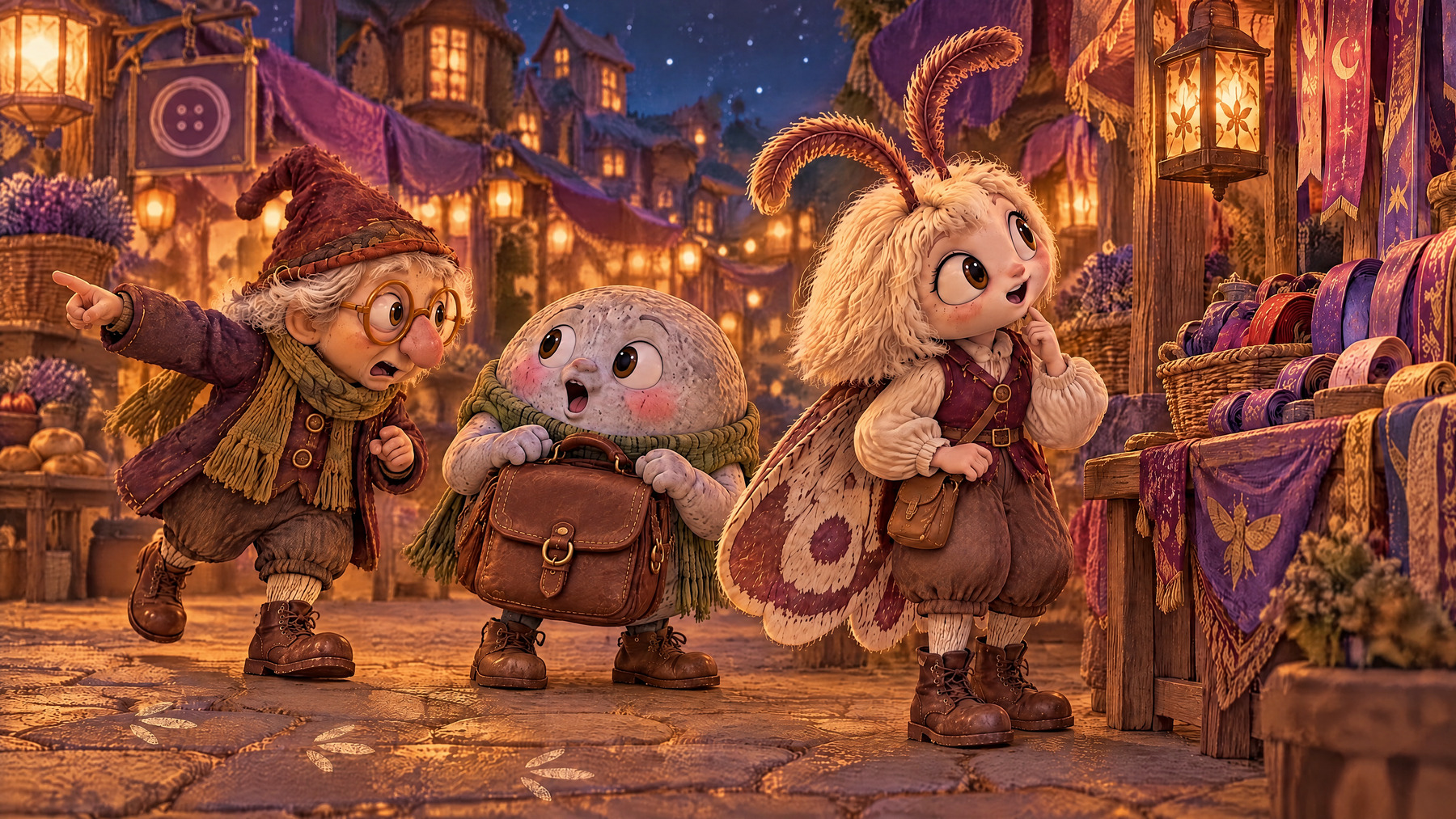 Mister Button hurries to Merry Moth and Pebble at the lantern-lit ribbon stall.