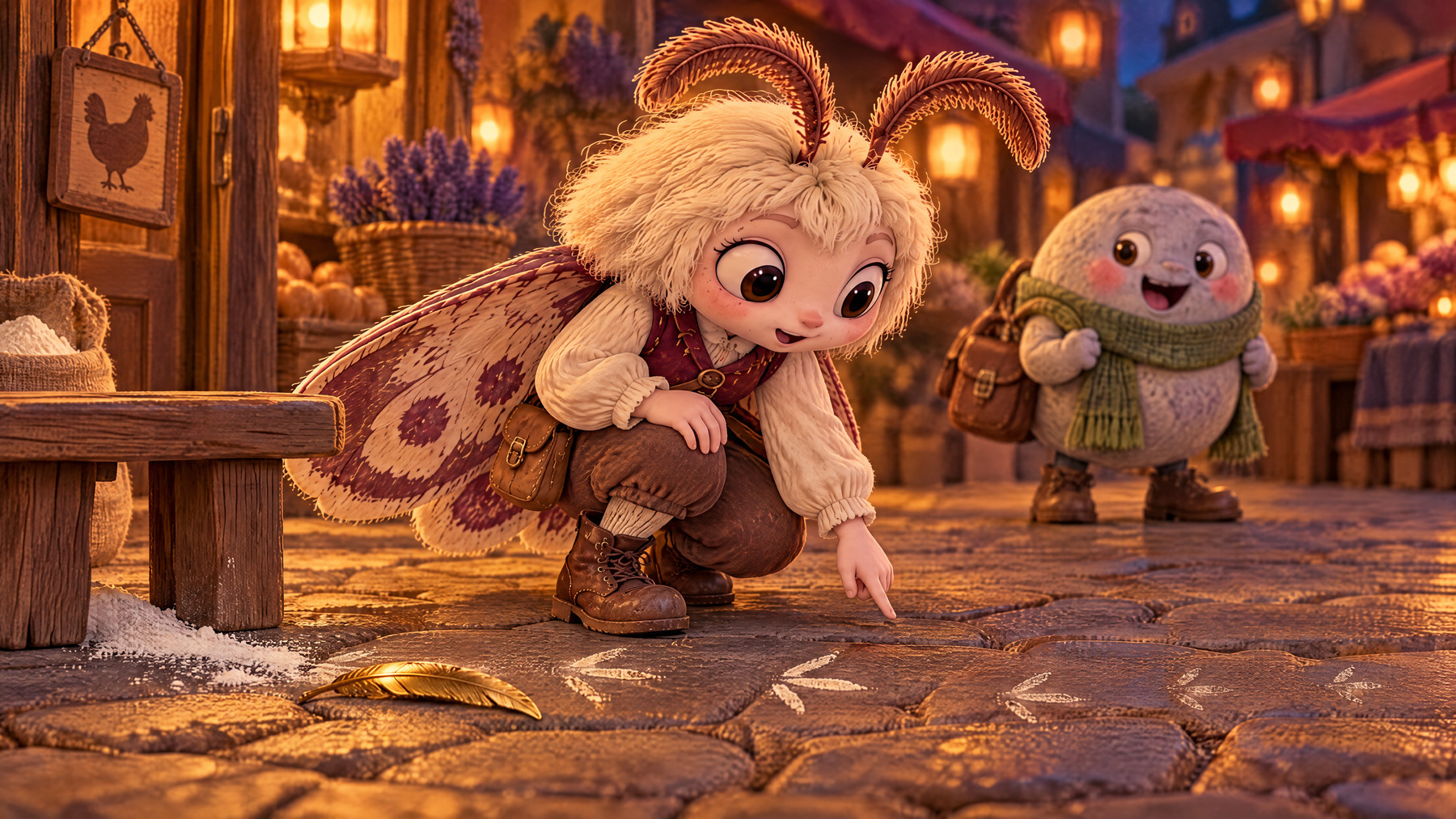 Merry puts a fingertip beside three-toed flour prints near a stiff golden feather.