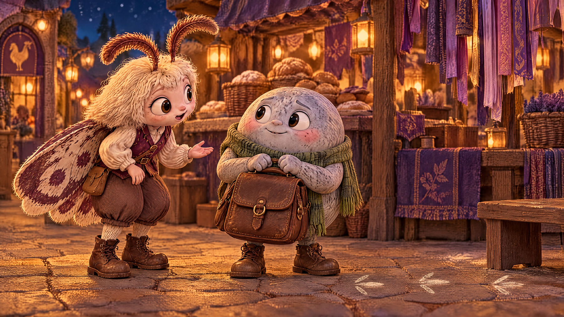 Merry asks about a rustle while Pebble keeps his satchel flap closed.