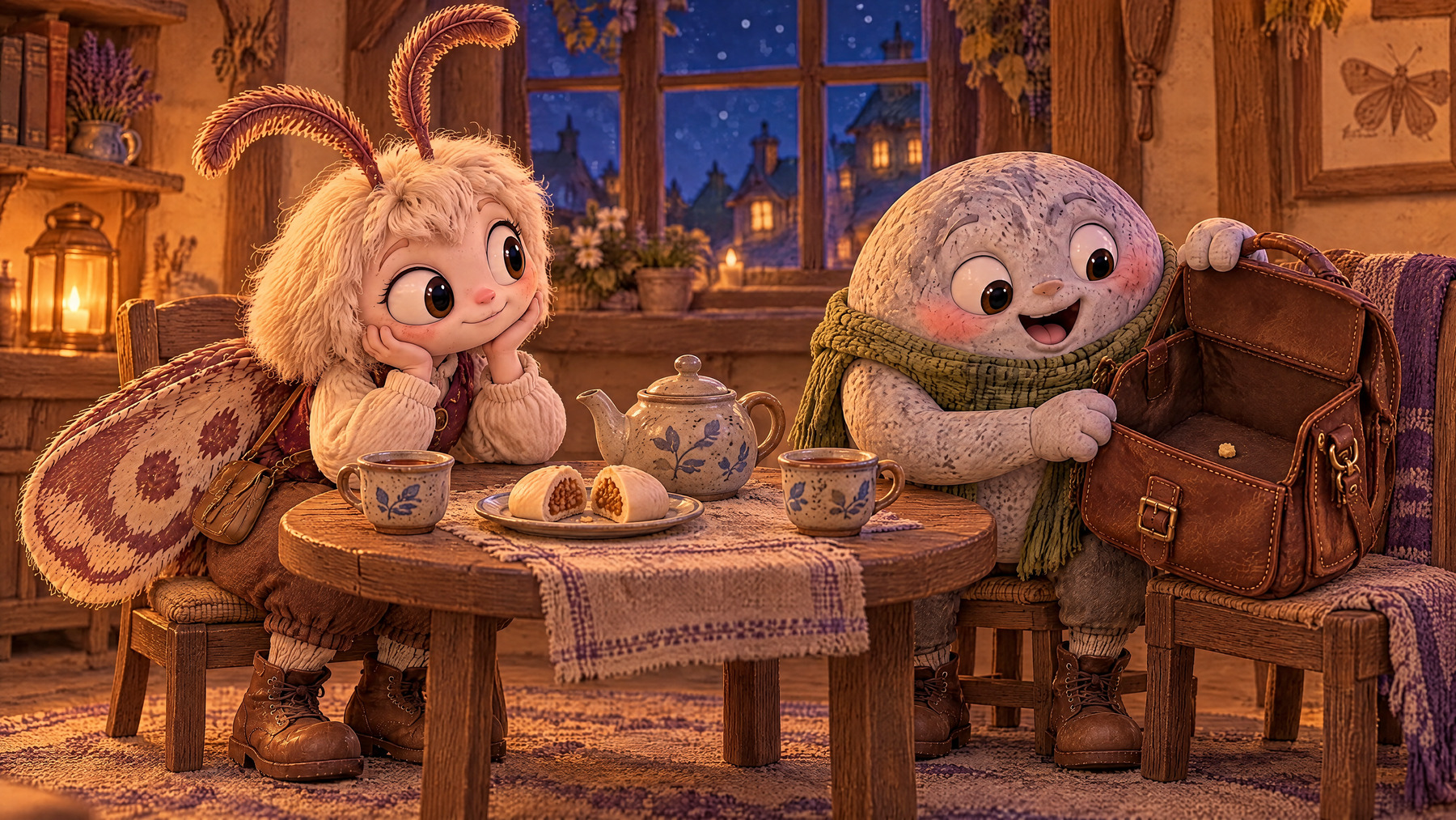 At home Merry and Pebble share tea and two bun halves beside his open satchel.