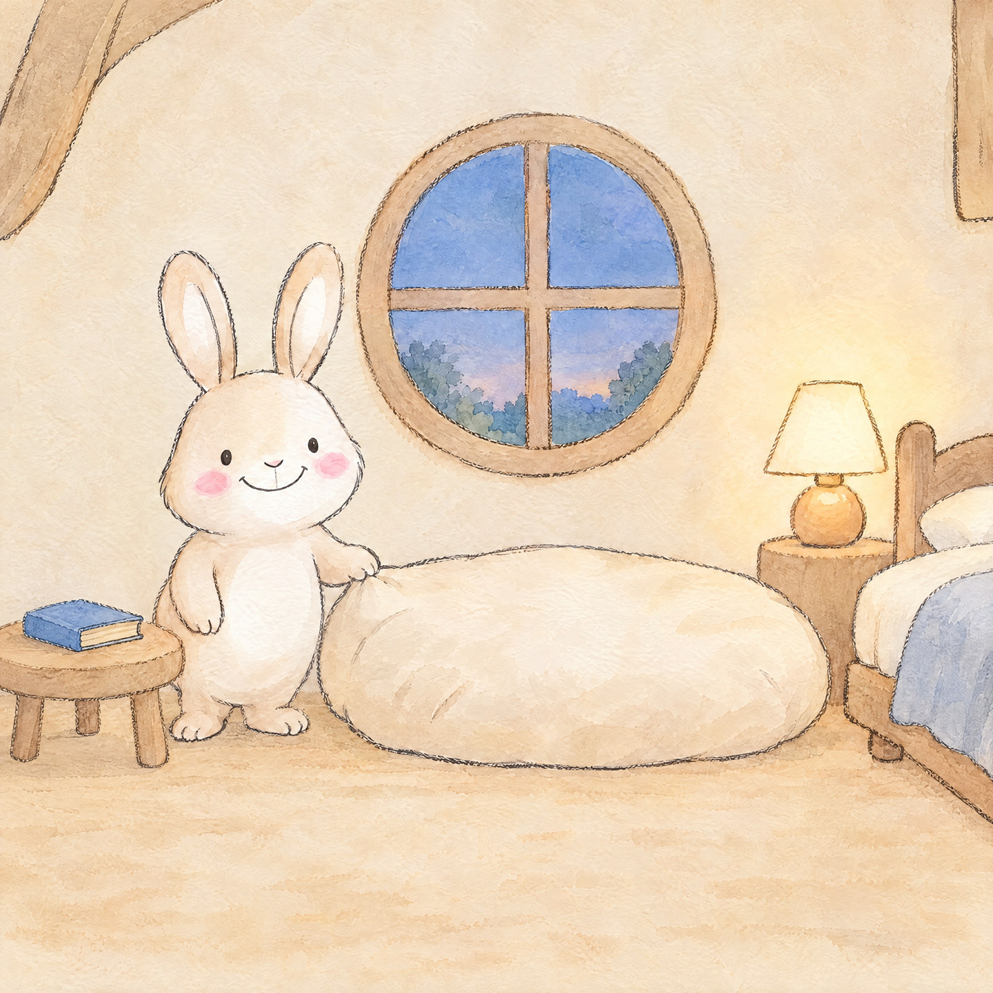 Bunny puffs a broad cream reading cushion beside a closed blue book in a cozy cottage.
