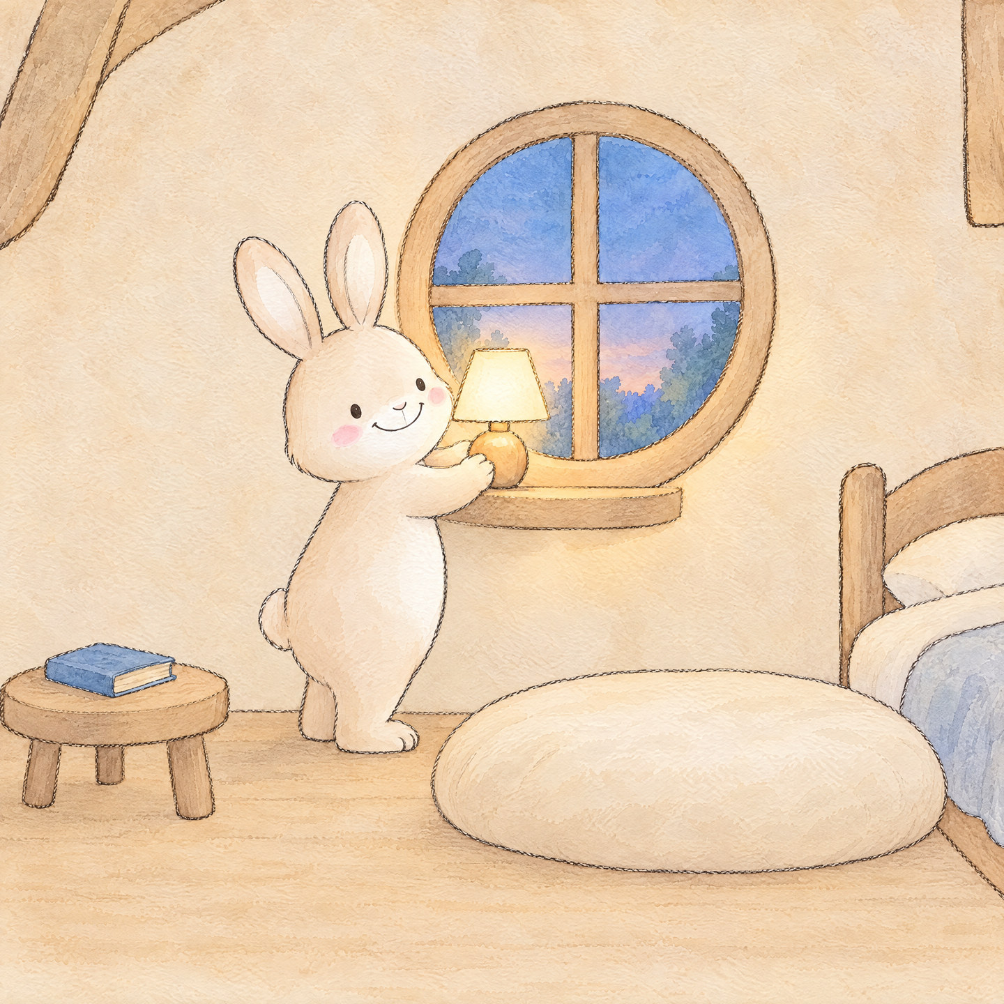 Bunny places a round amber lamp in the low round window.