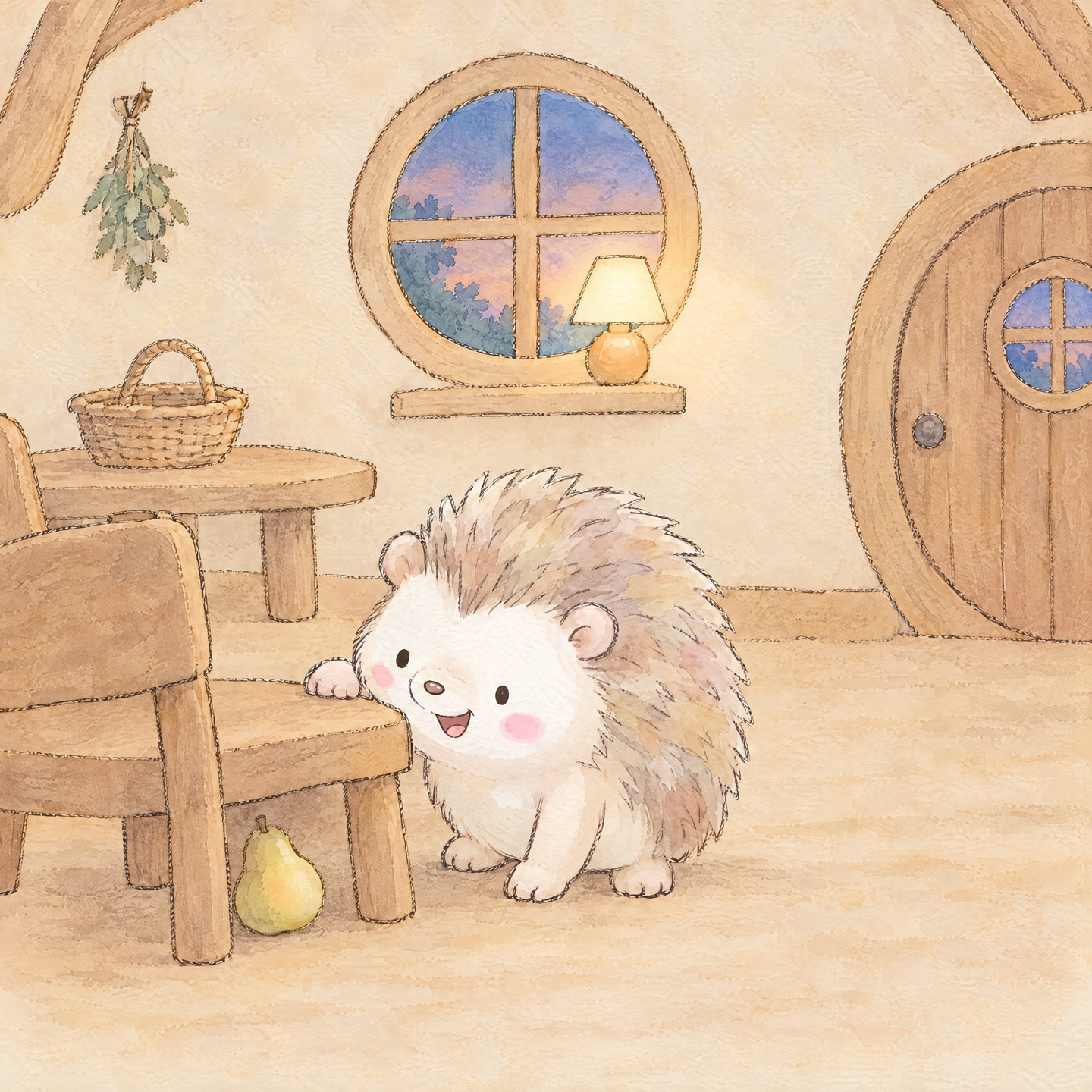 Hedgehog finds a pear beneath a wooden chair beside an empty basket.