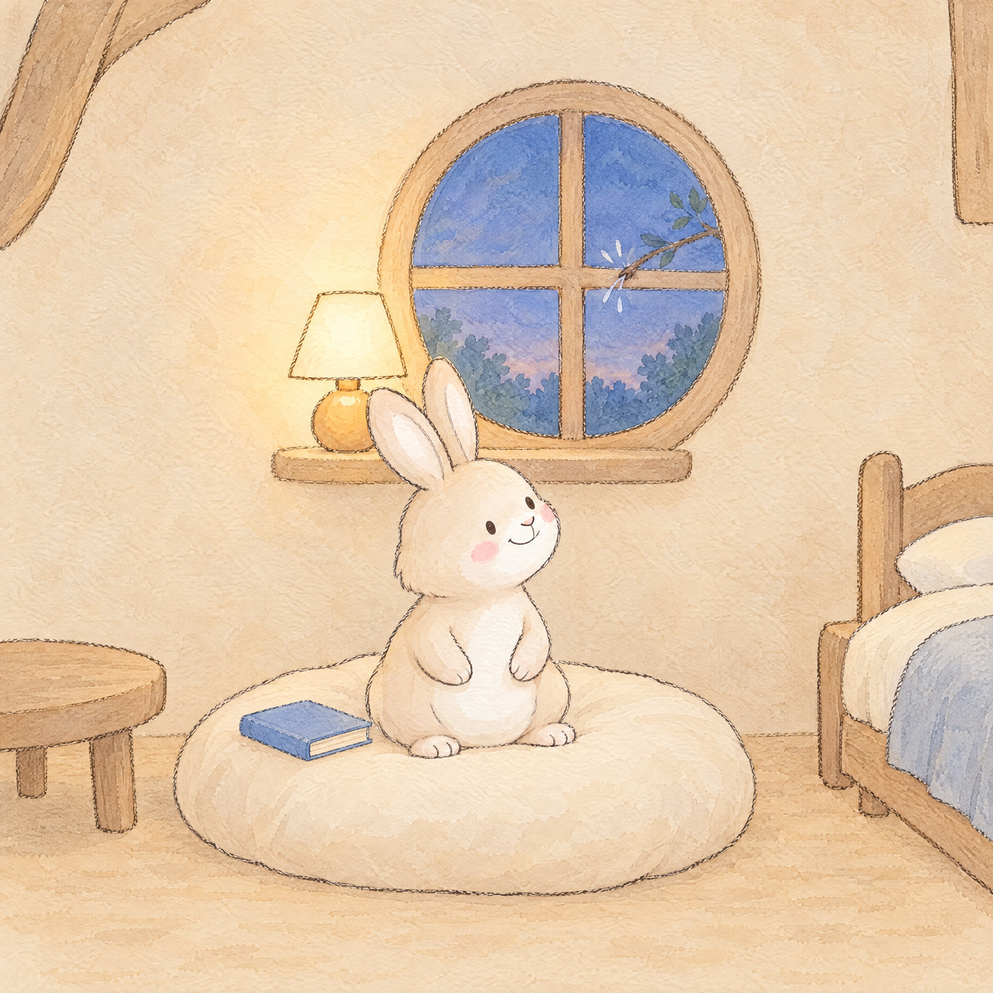 Bunny listens to a twig tapping the window while the closed book waits.