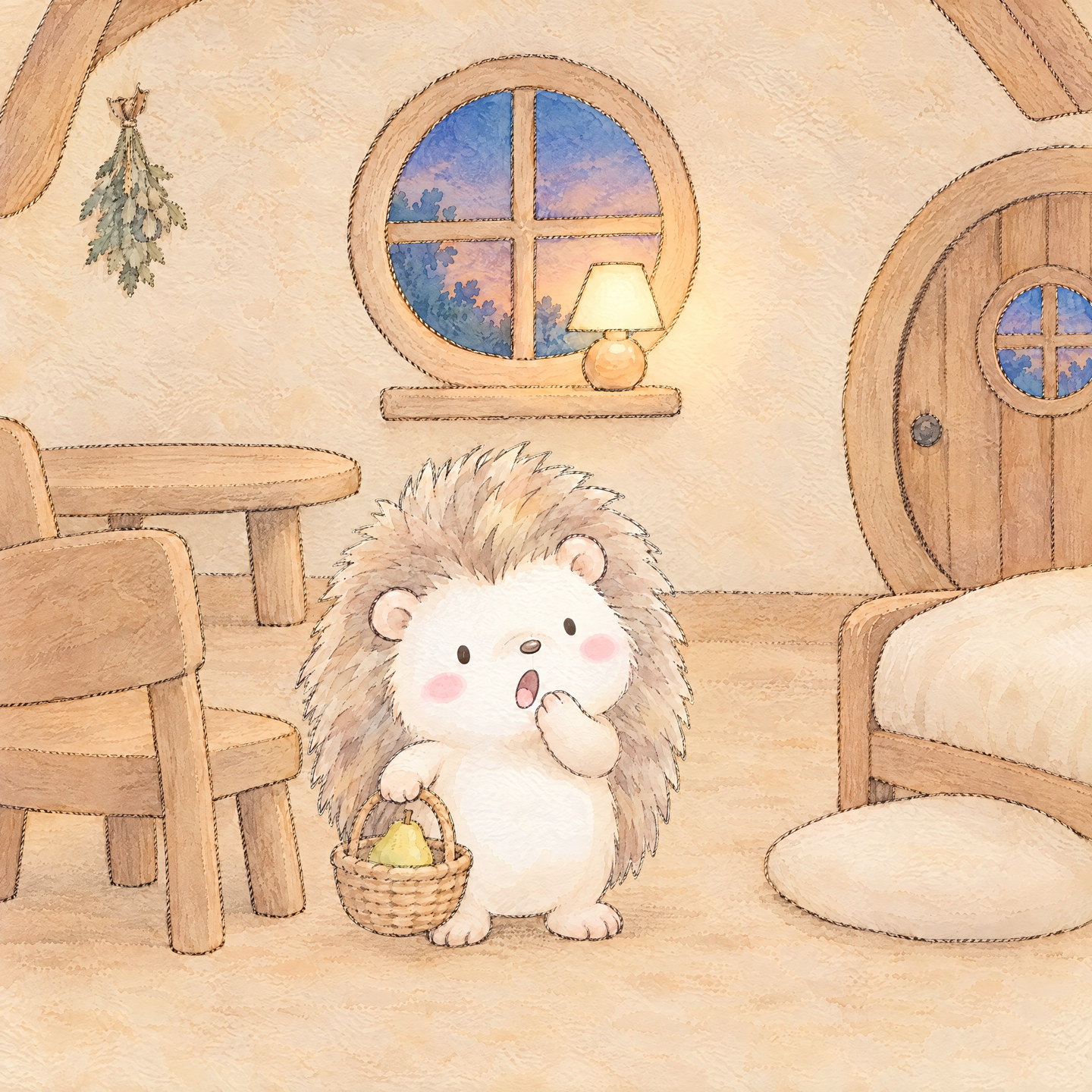 Hedgehog yawns beside a basket holding the rescued pear.