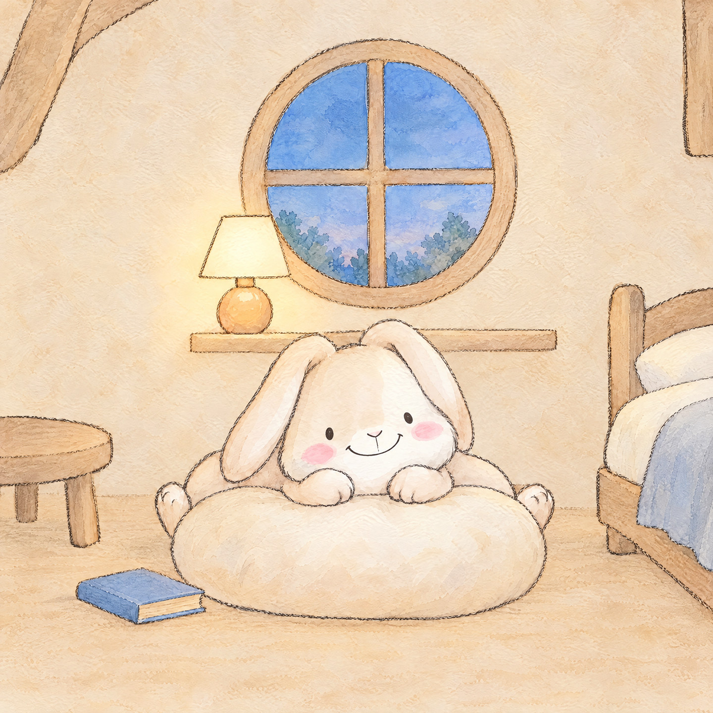 Bunny rests sleepily on the cushion as the evening grows blue.