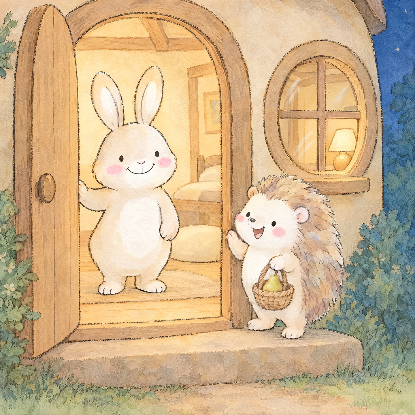 Bunny opens the door to Hedgehog and a basket containing one pear.