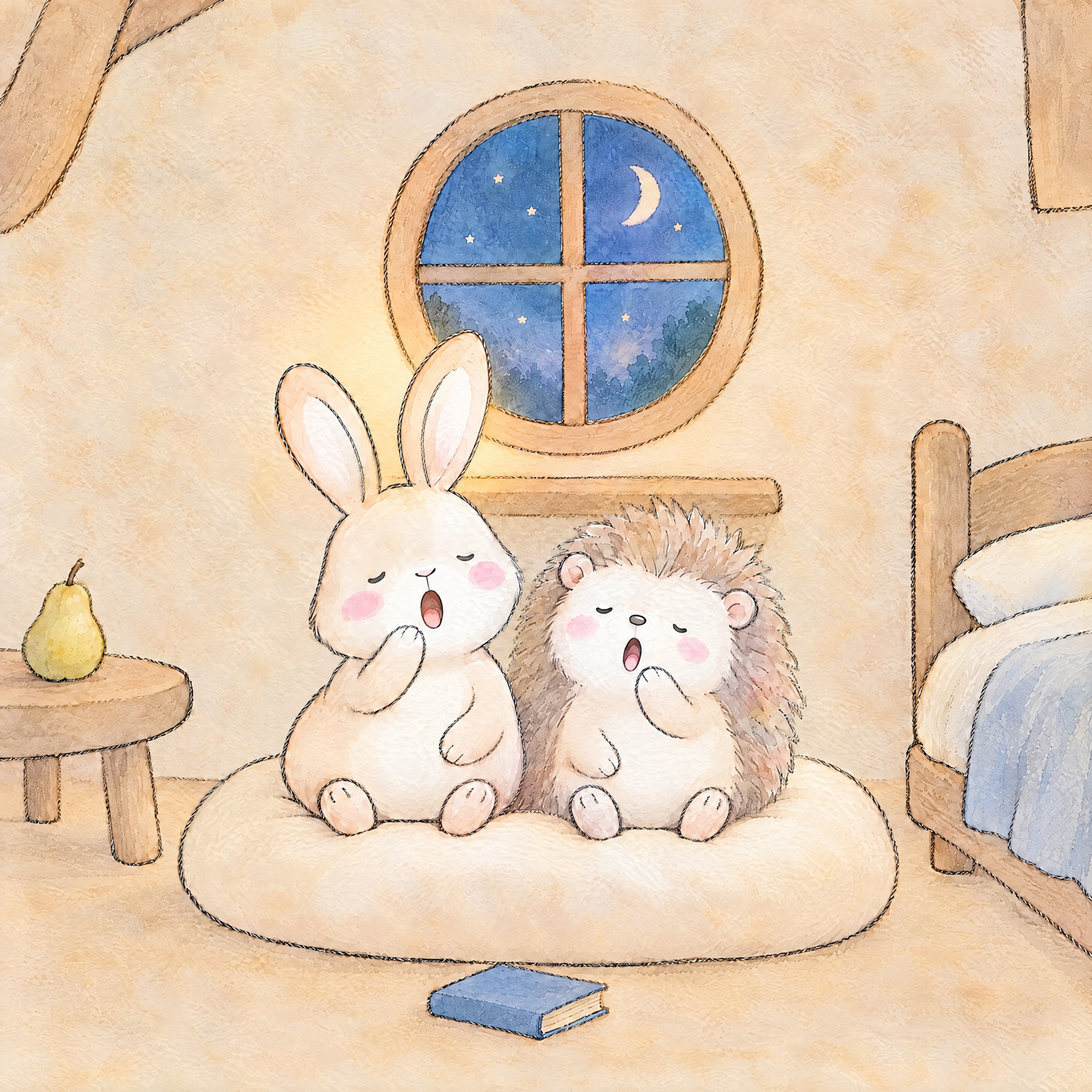 The two friends yawn together on the cushion beside the closed book.