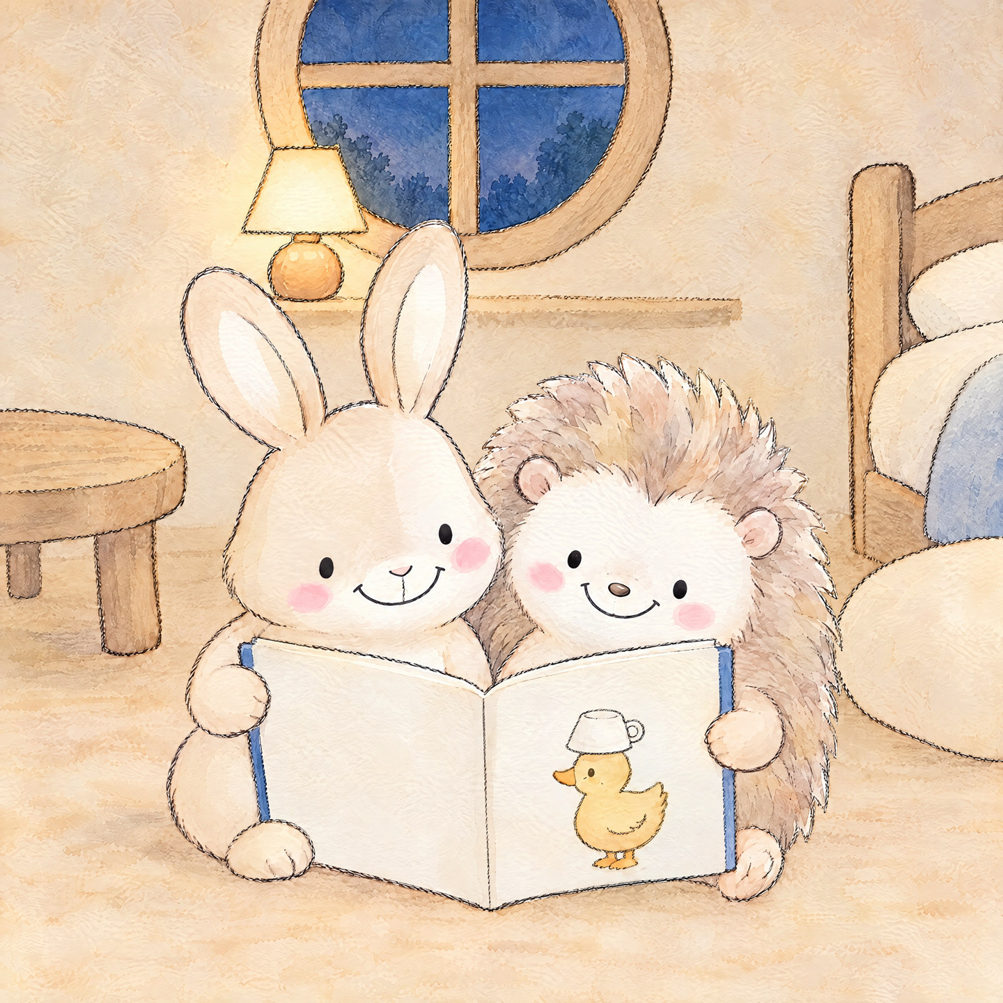 Bunny and Hedgehog share a picture of a duck wearing an upside-down cup.