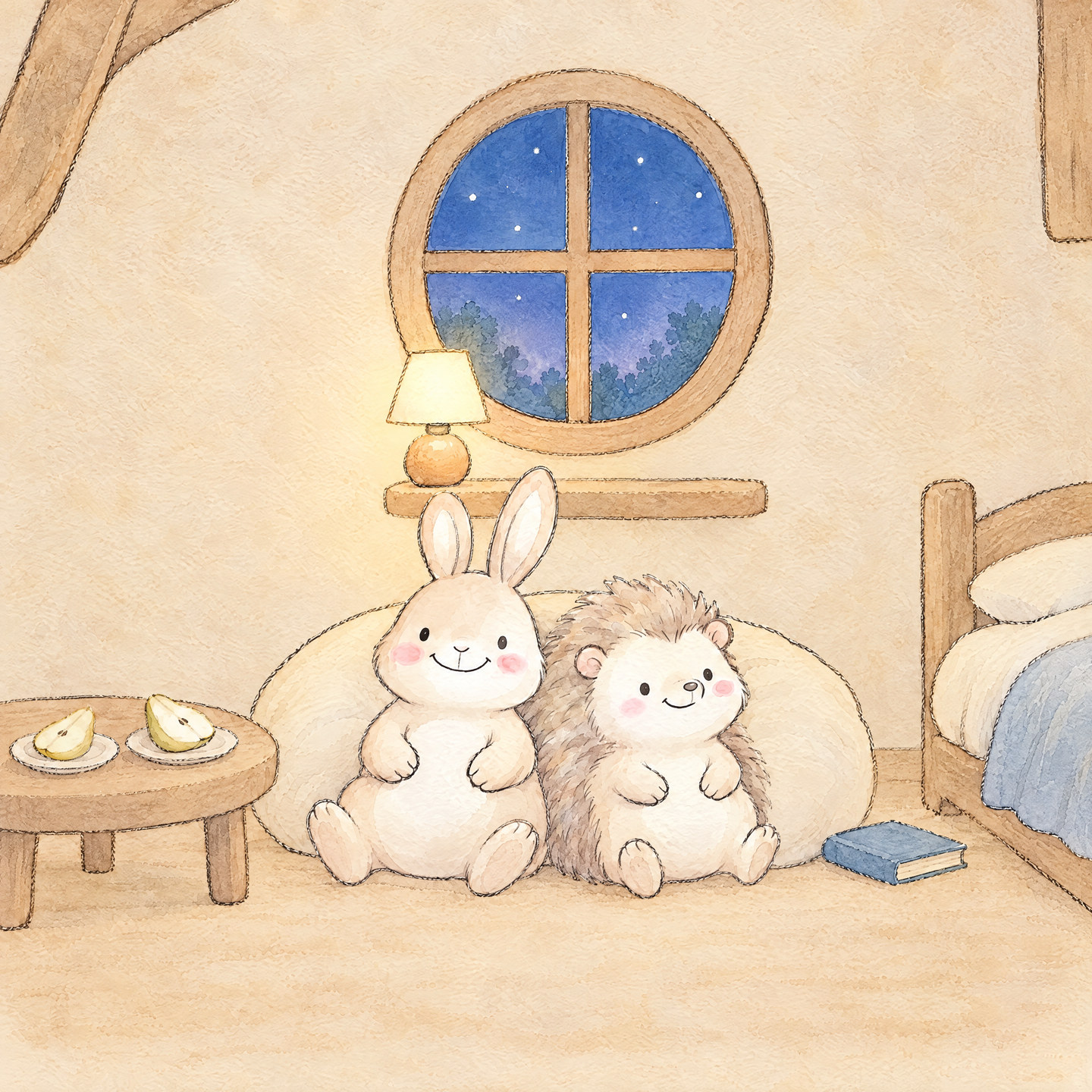 Two pear halves sit on two plates as the friends relax together.