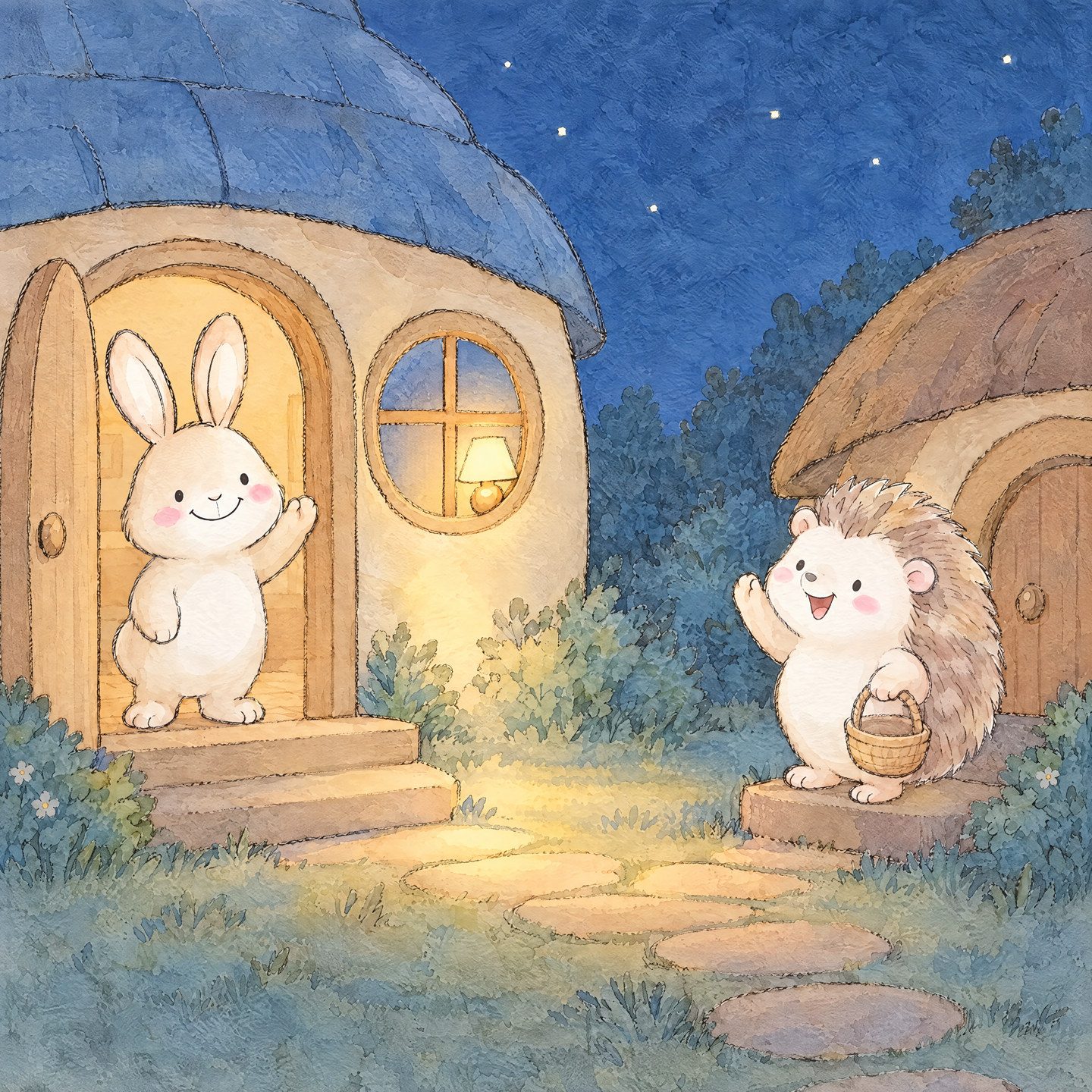 Hedgehog waves goodbye while Bunny's window lights the garden path.