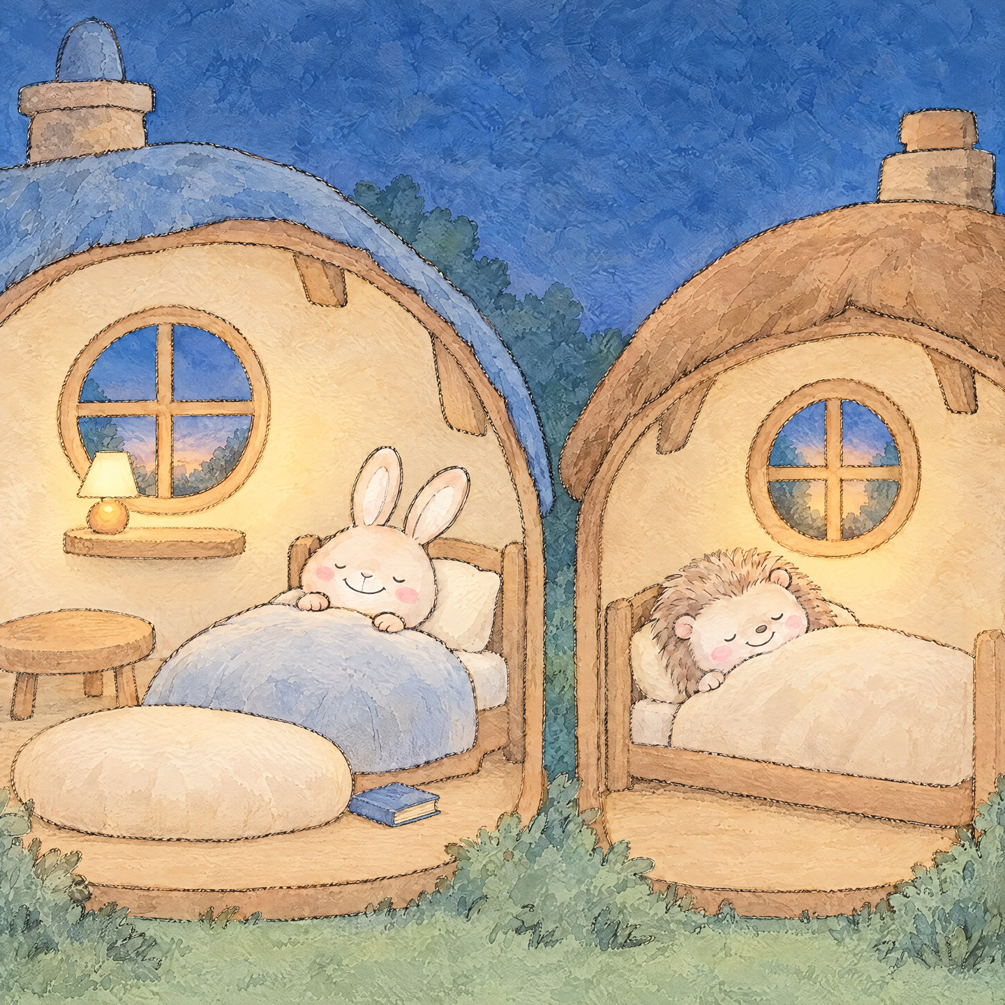Bunny and Hedgehog sleep in their two softly glowing homes.