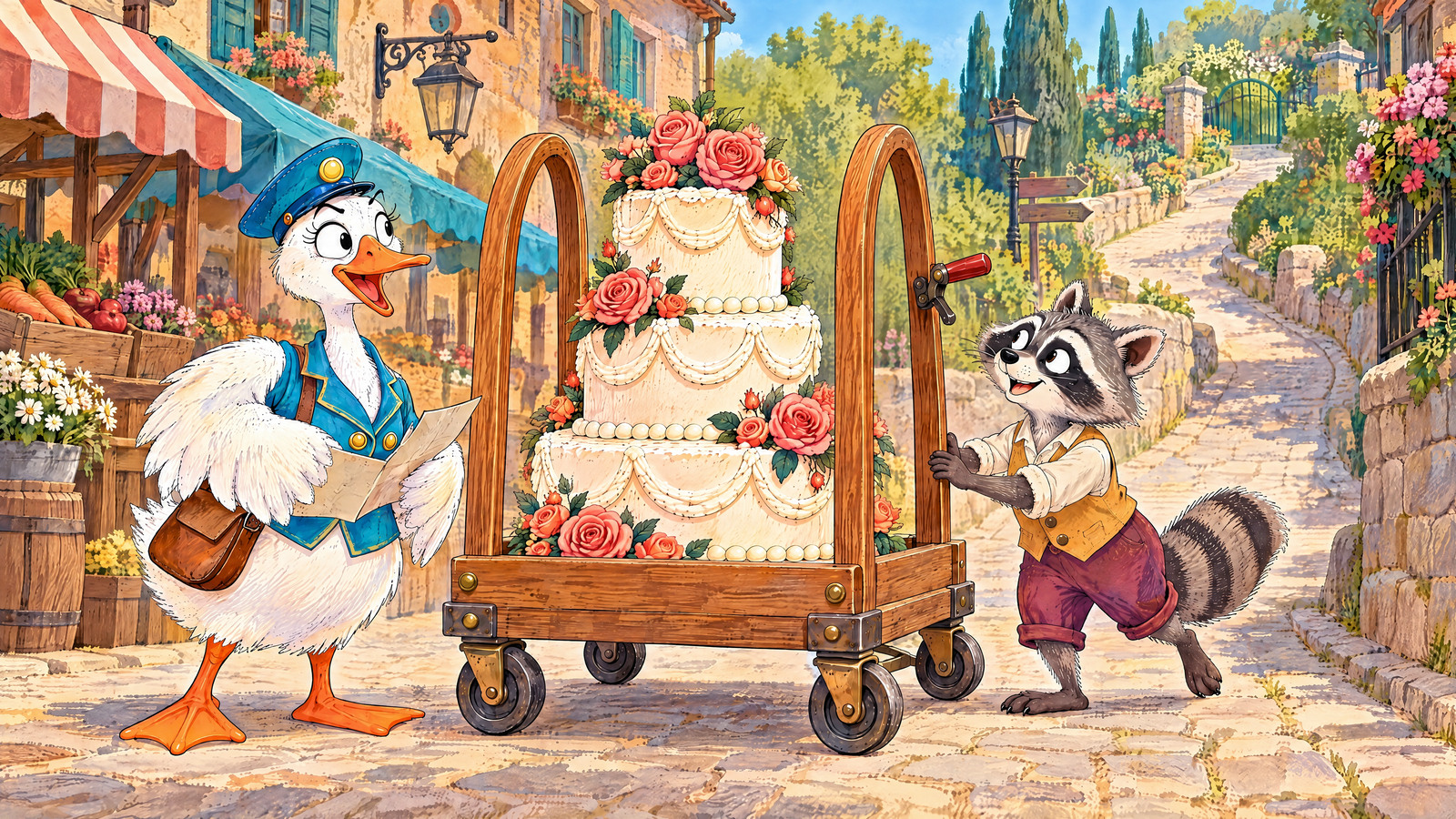 Goose checks a folded map while Raccoon holds the trolley carrying a tall birthday cake decorated with pink roses.