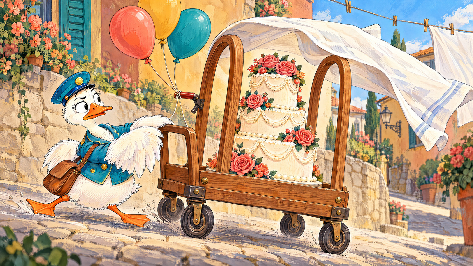 Trolley emerges beneath laundry sheet draped over high hoop guard; sheet slides off frame revealing intact roses. Goose grips rear handle with wing, feet skidding behind, skeptical glance.