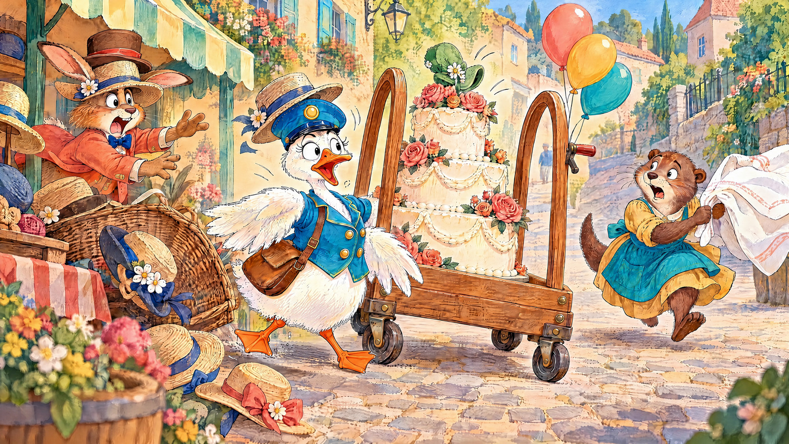 Trolley bumps outdoor hat basket: one extra hat lands over Goose postal cap, two on hat seller, small green bonnet between top roses. Hat seller and laundry keeper carrying rescued sheet start chasing.