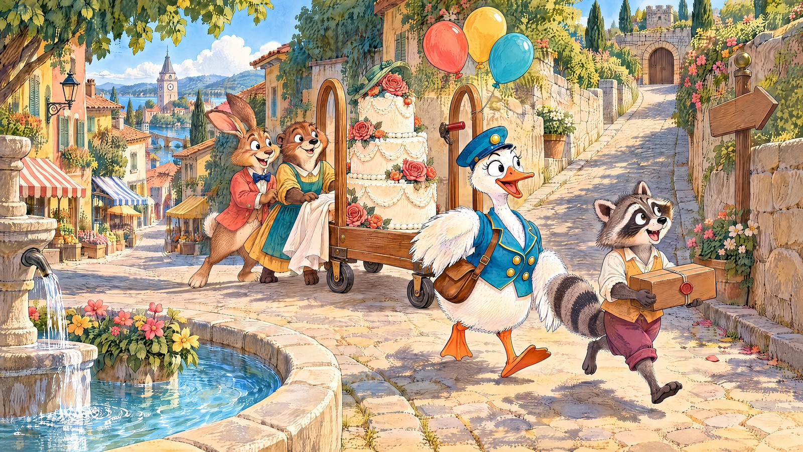 Raccoon rounds fountain carrying closed candle box as cake/Goose/helpers sweep past. Fork clearly shows wide descending road and narrow lane climbing to Bear gate.