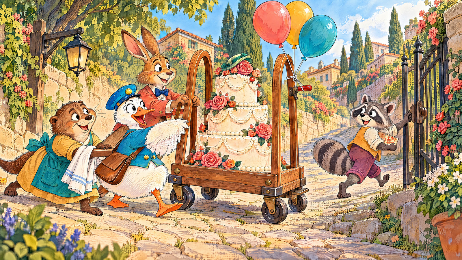 Goose at rear and two helpers at opposite side handles steer heavy trolley uphill. Raccoon races ahead to open gate, candle box tucked securely.