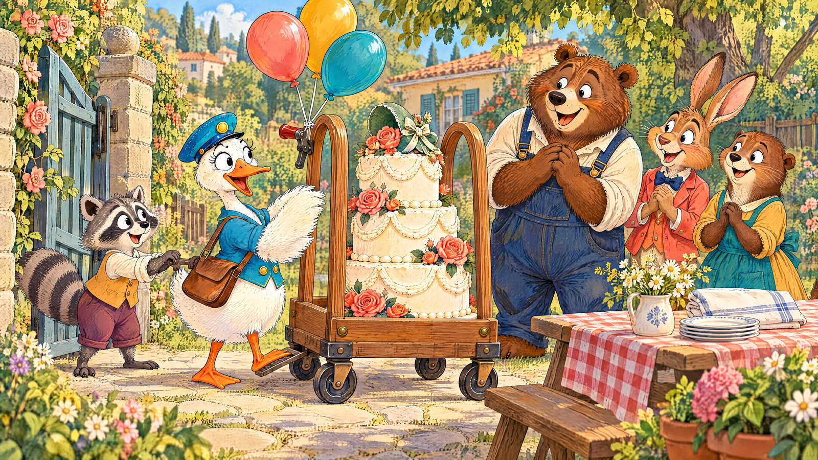 Trolley stops softly beside picnic table. Goose presses rear brake with one webbed foot while holding handle; Bear looks from perfect cake to friends delighted. Raccoon holds gate.