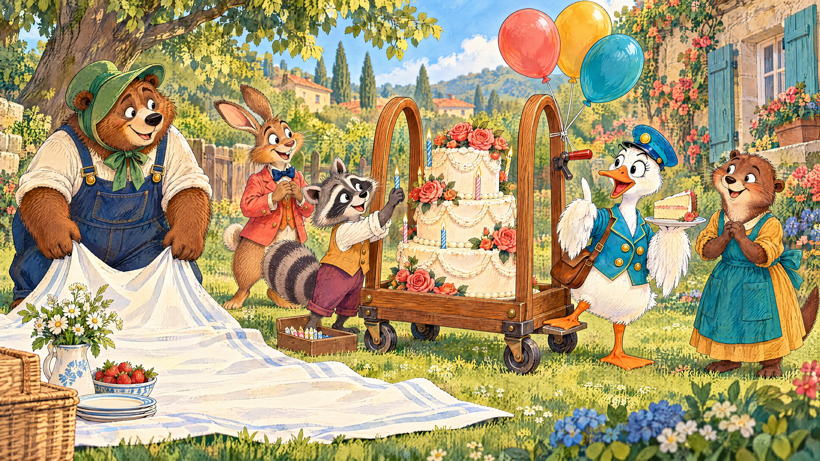 Bear wears green bonnet, Raccoon adds candles; laundry keeper spreads rescued sheet on grass. Goose perches on broad rear brake platform with large slice on plate, one foot keeps brake pressed, comic warning look.