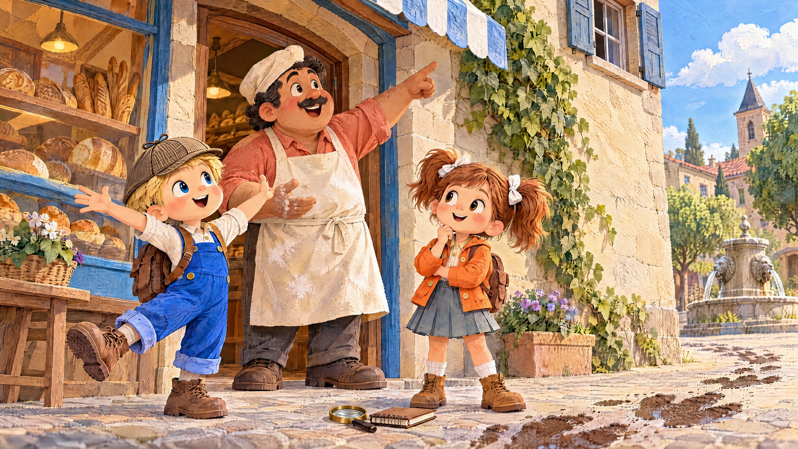 At the bakery the baker points toward the fountain, with an upstairs window and huge prints establishing how high Mabel’s head passed.