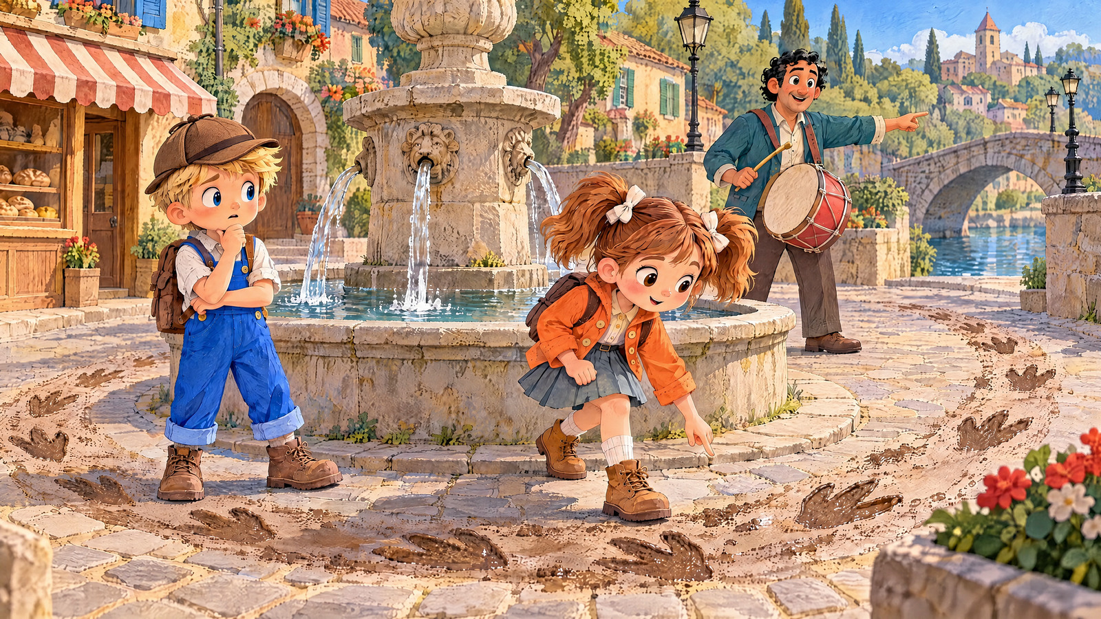 The drummer points toward the bridge while Julia follows the muddy curve around the fountain and John compares both directions.