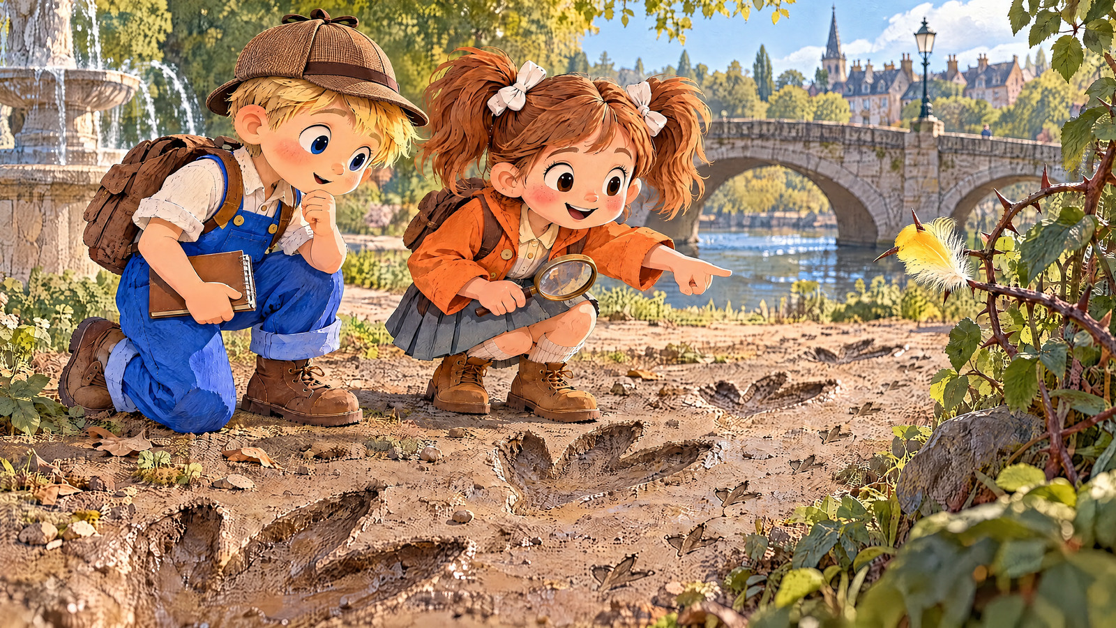 Beyond the fountain Julia spots one yellow feather on a thorn and a tiny webbed trail running beside Mabel’s giant tracks toward the bridge.