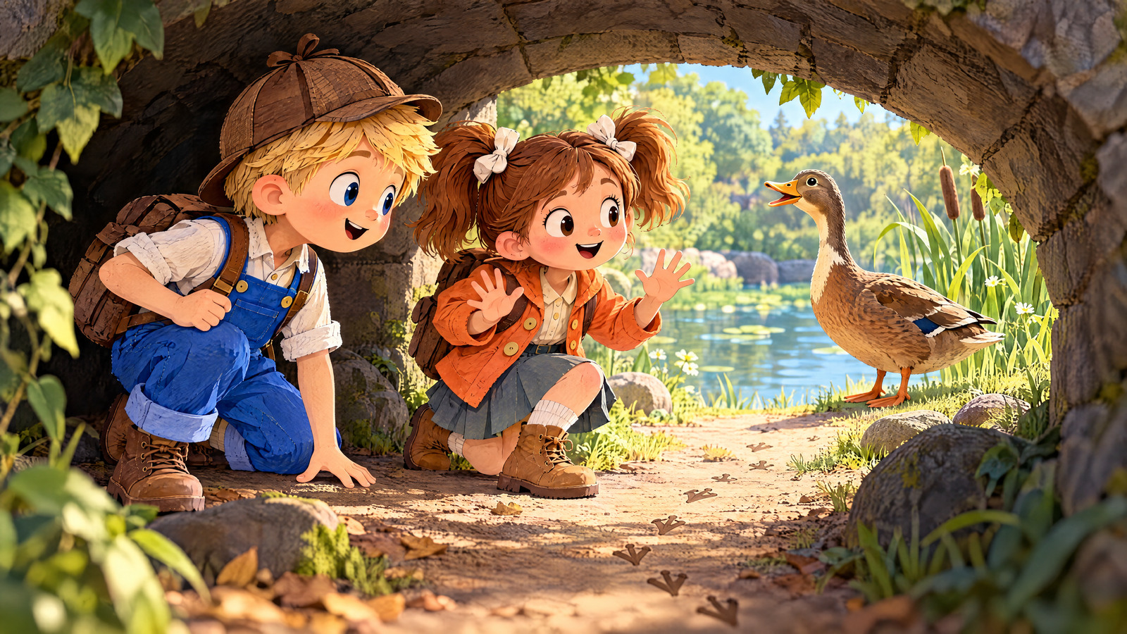 John and Julia follow the webbed trail along the dry path under the arch and find one adult mother duck calling beside the pond.