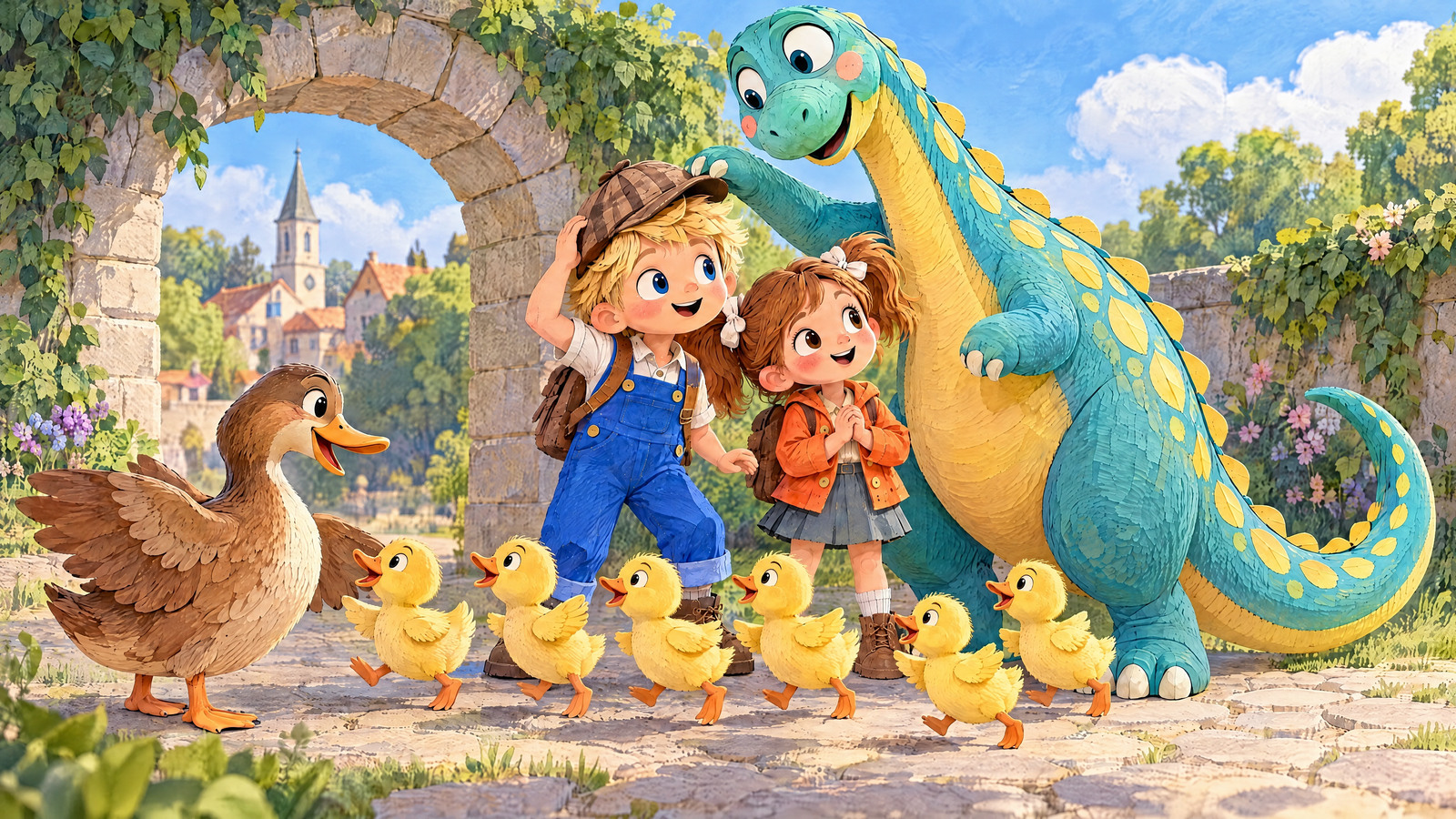 The children lead the mother back; exactly six yellow ducklings emerge from under Mabel and hurry to her while Mabel stretches up and tips John’s hat back with the scale of her rise.