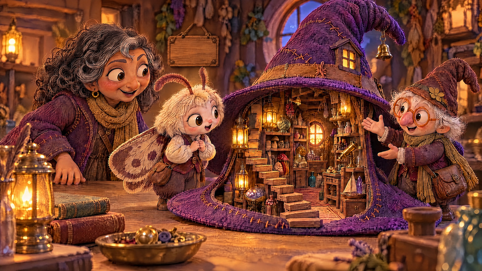On the table the hat unfolds a staircase into an impossibly deep miniature shop; Mister Button proudly explains his exchanges.