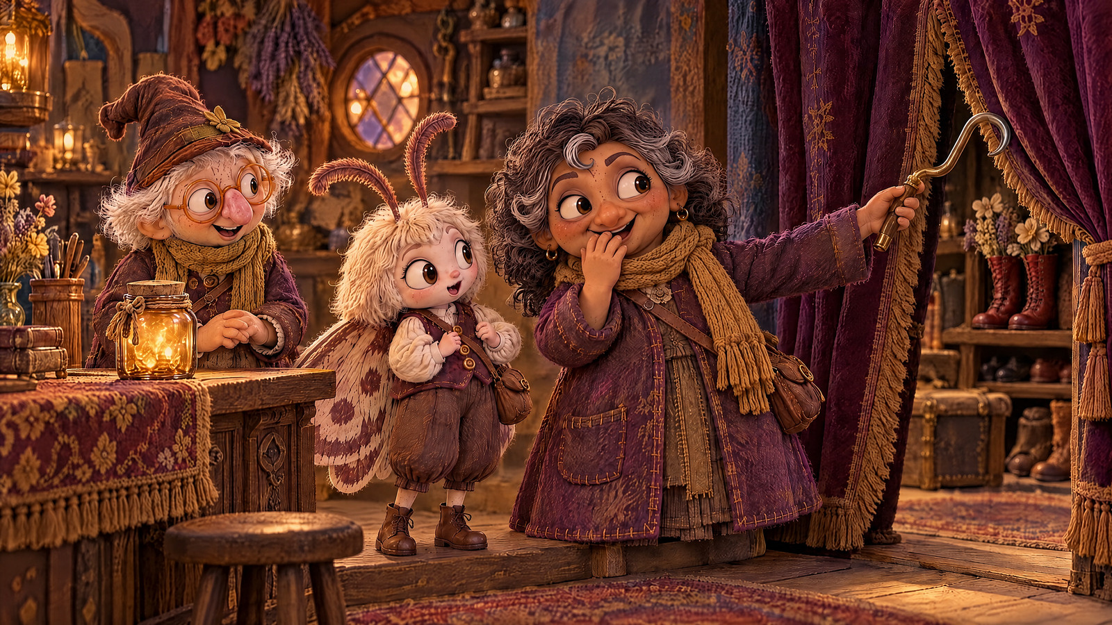 The Witch gives a visible magical giggle into one amber jar and receives a hook, using it to draw the curtain aside.