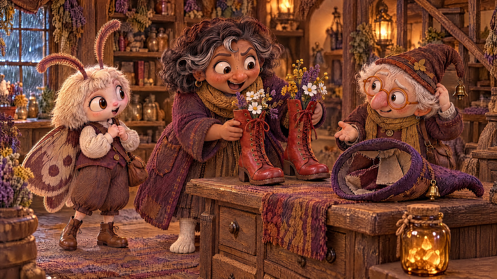 The Witch examines the two laced red “vases” and recognizes her flower-filled boots while Mister Button explains their fall through the hat lining.